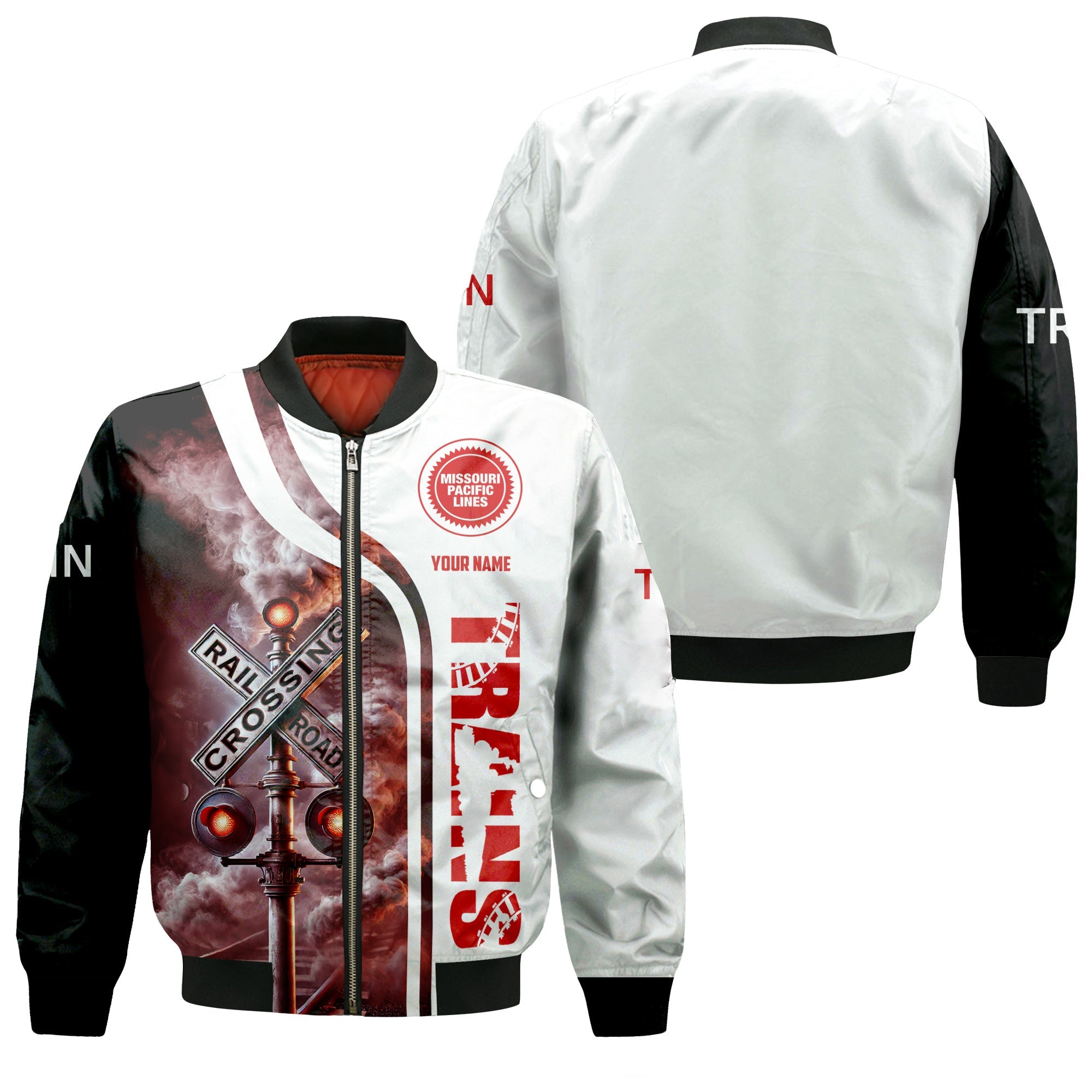 Railspirit Personalized Missouri Pacific Railroad Bomber Jacket Railroad Crossing Sign Train Bomber All Over Print