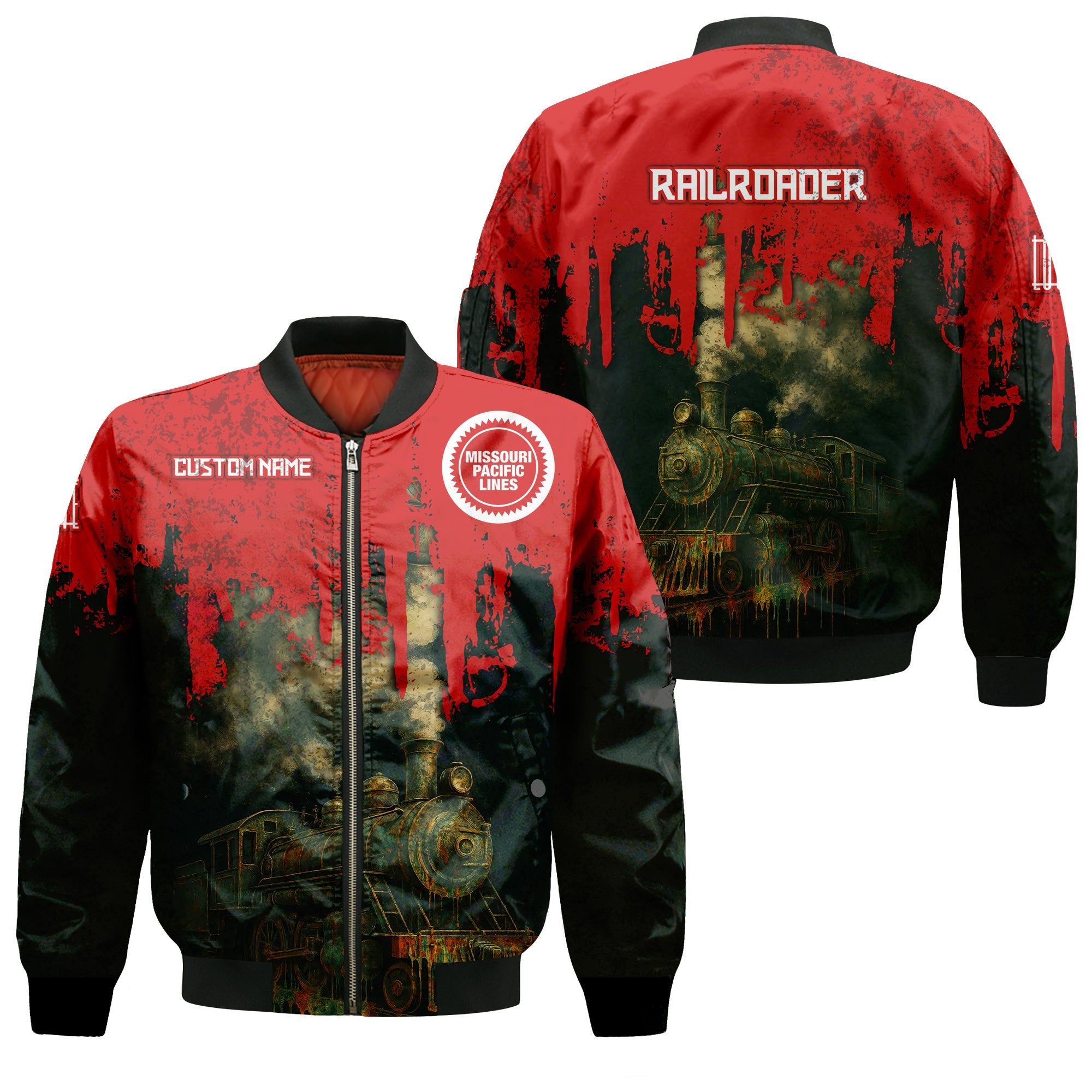 Railspirit Personalized Missouri Pacific Railroad Bomber Jacket Vintage Train Art Style Bomber For Locomotive Fans