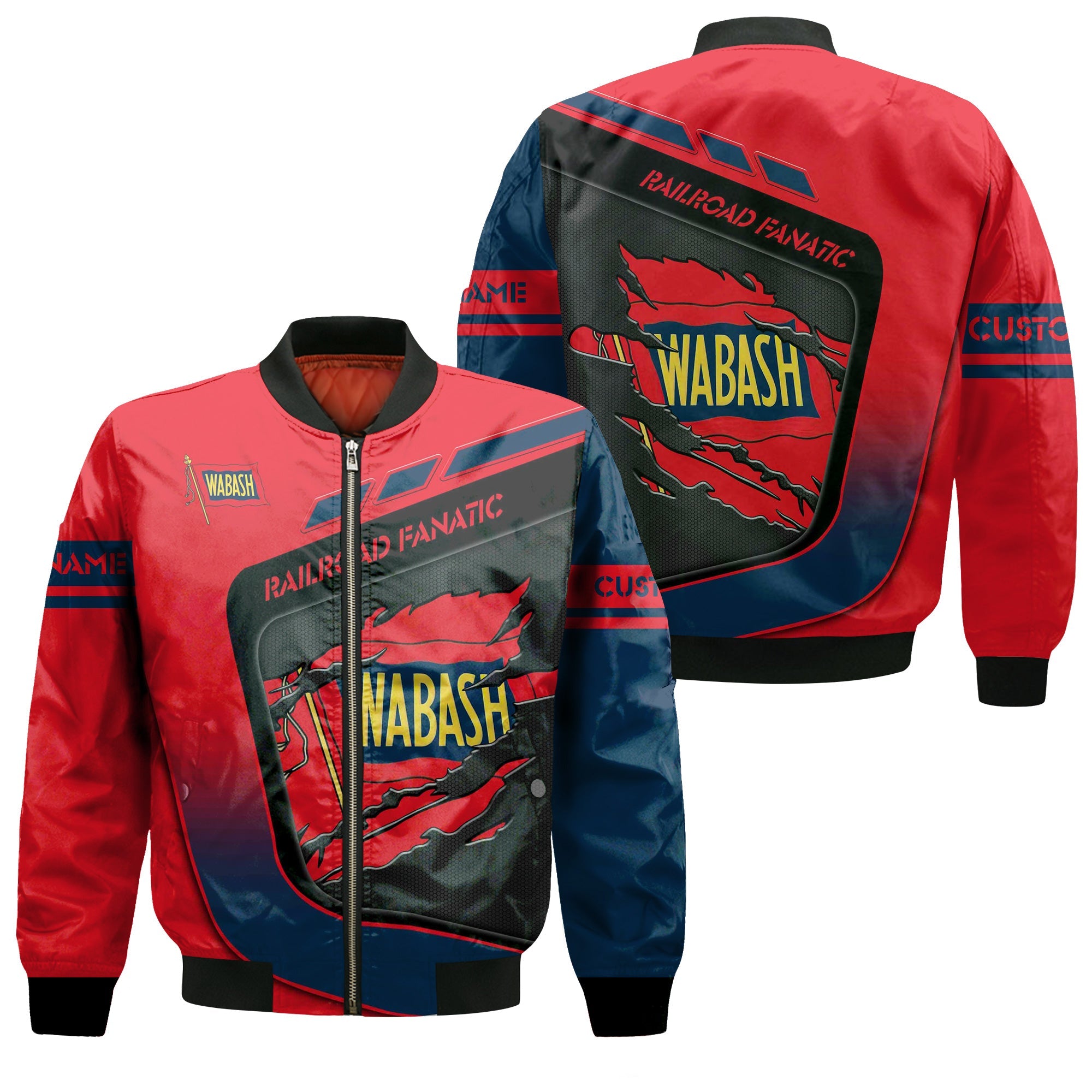 Railspirit Personalized Wabash Railroad Bomber Jacket Ripped Texture Style Train Jacket For Railroad Fanatic