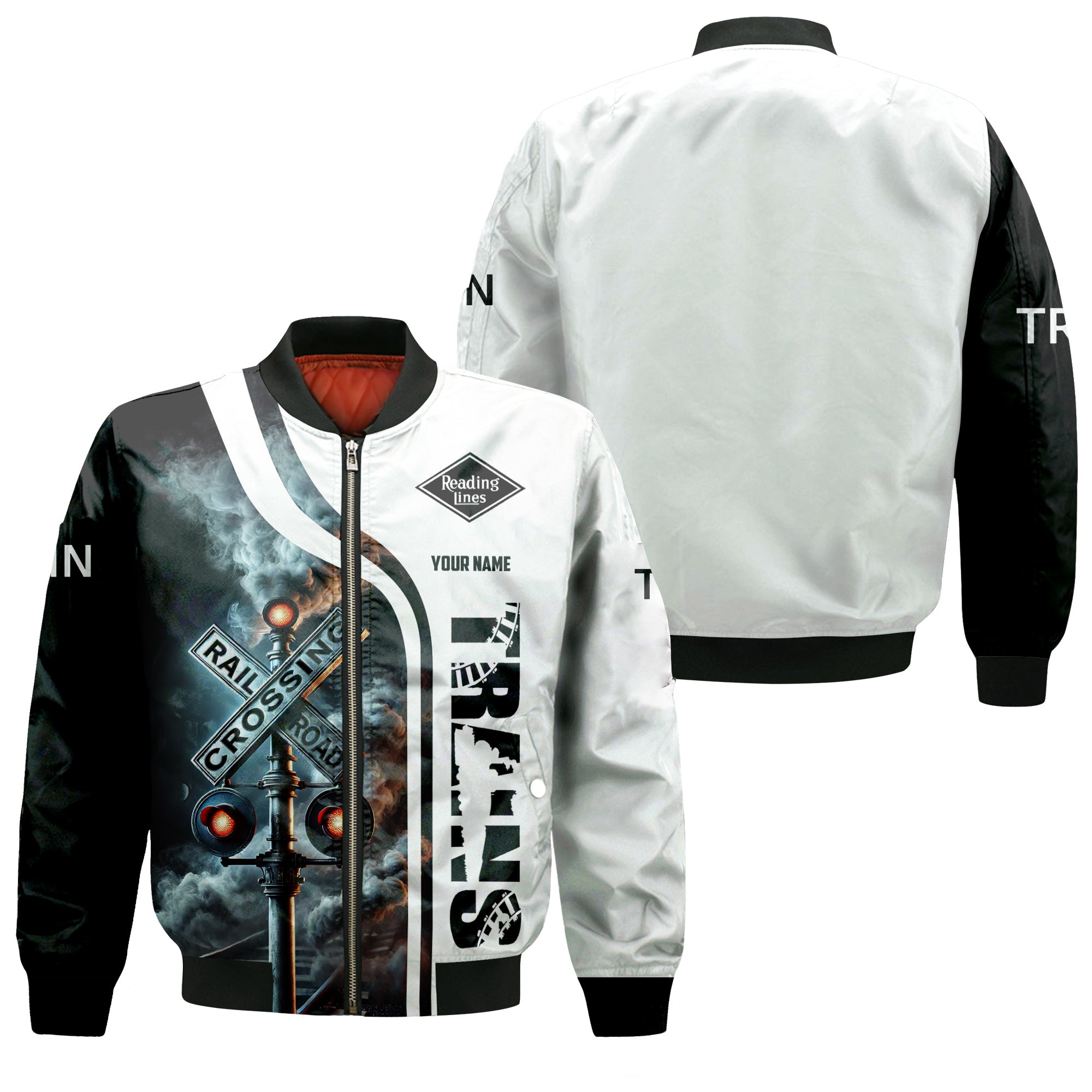 Railspirit Personalized Reading Railroad Bomber Jacket Railroad Crossing Sign Train Bomber All Over Print