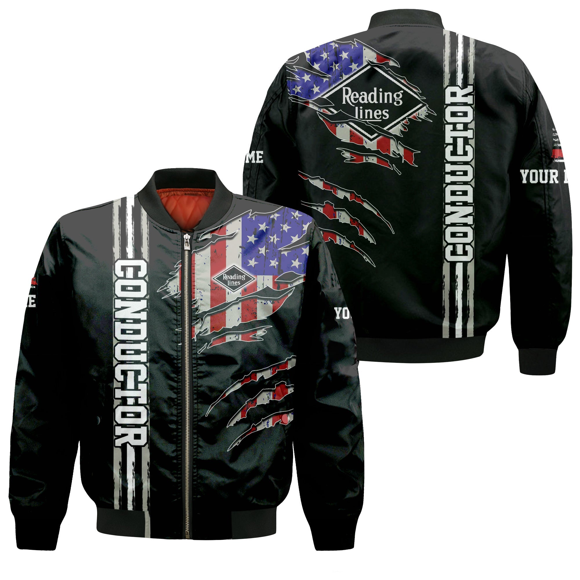 Railspirit Personalized Reading Railroad Bomber Jacket USA Flag Claw Art with Custom Job Train Jacket