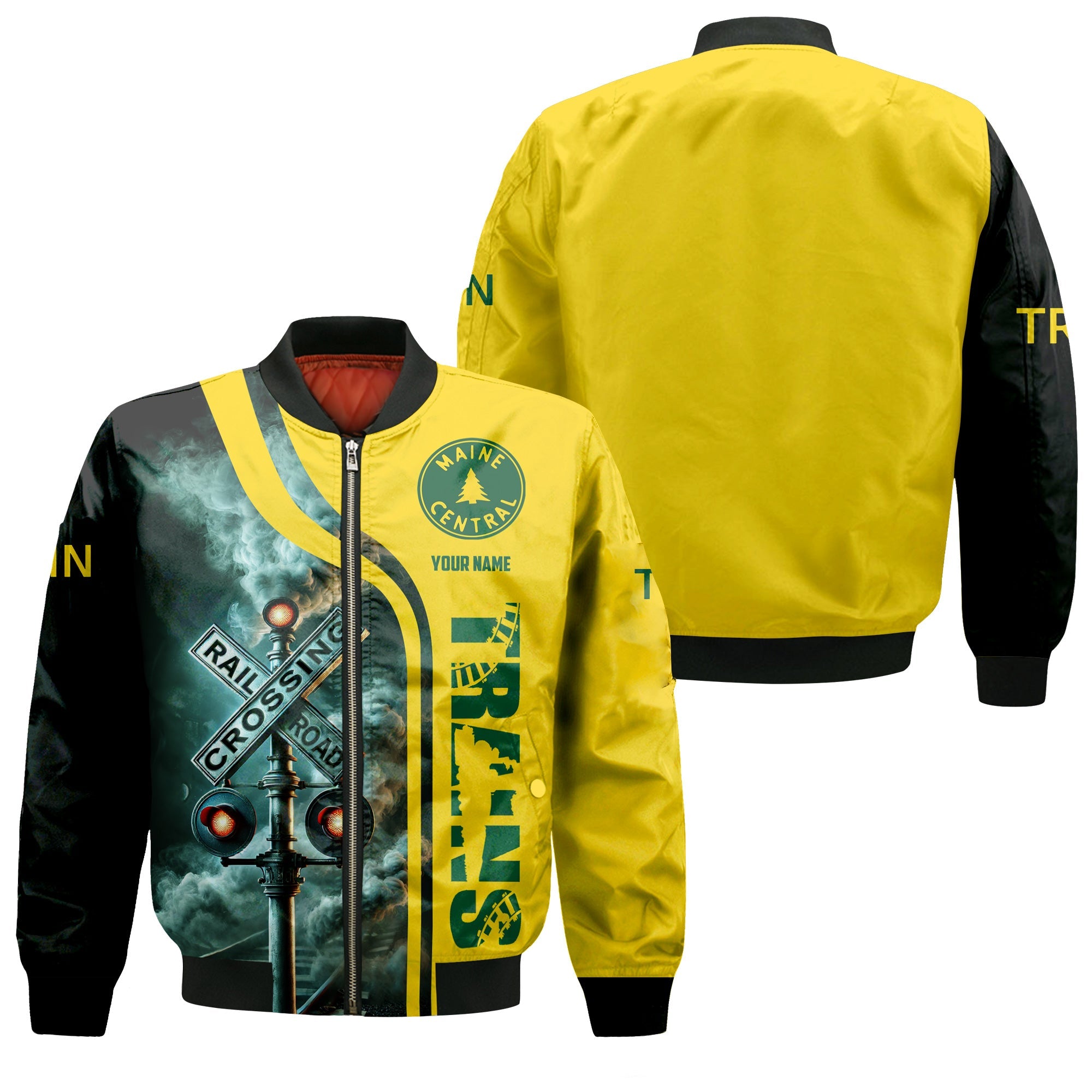 Railspirit Personalized Maine Central Railroad Bomber Jacket Railroad Crossing Sign Train Bomber All Over Print