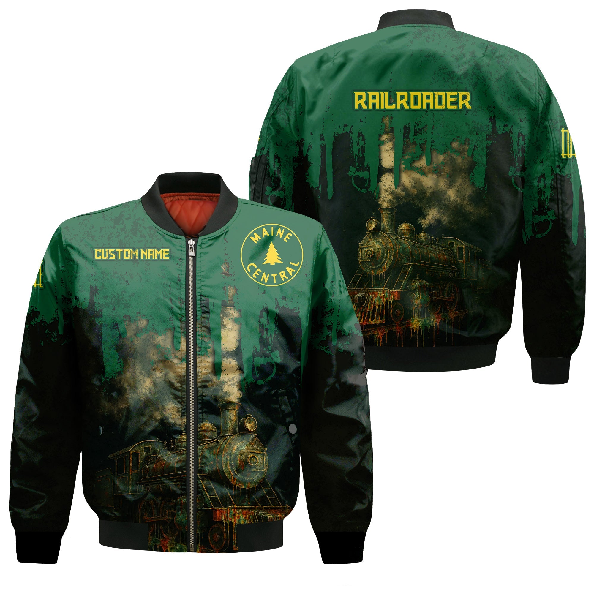 Railspirit Personalized Maine Central Railroad Bomber Jacket Vintage Train Art Style Bomber For Locomotive Fans