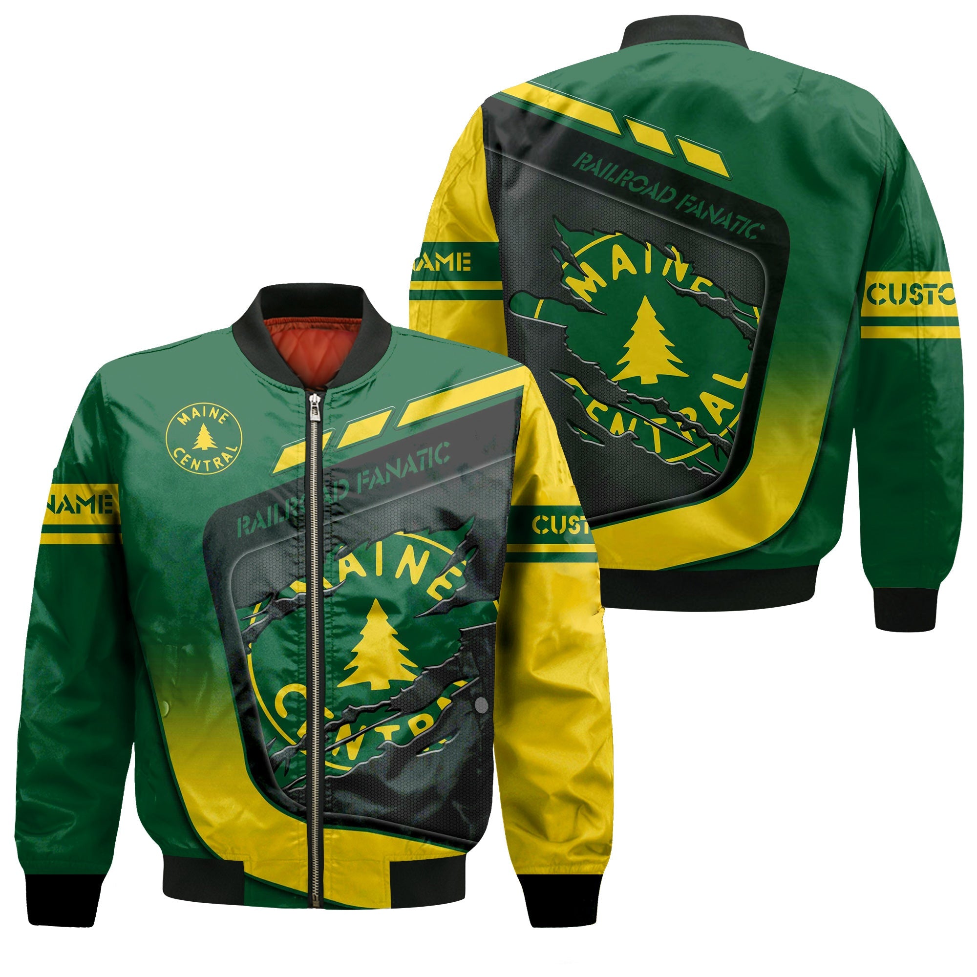 Railspirit Personalized Maine Central Railroad Bomber Jacket Ripped Texture Style Train Jacket For Railroad Fanatic