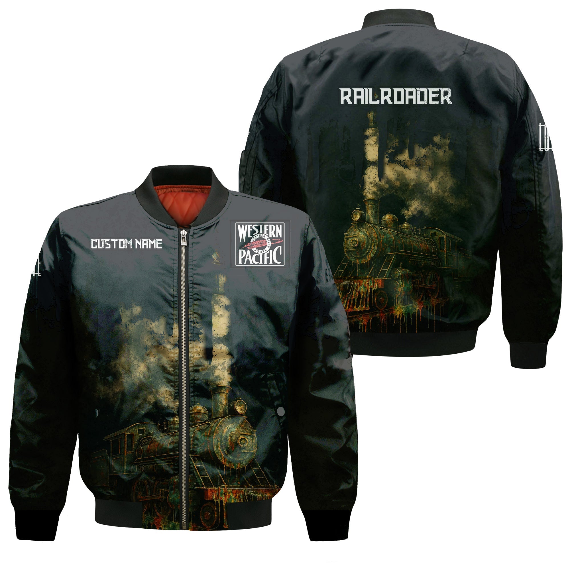Railspirit Personalized Western Pacific Railroad Bomber Jacket Vintage Train Art Style Bomber For Locomotive Fans
