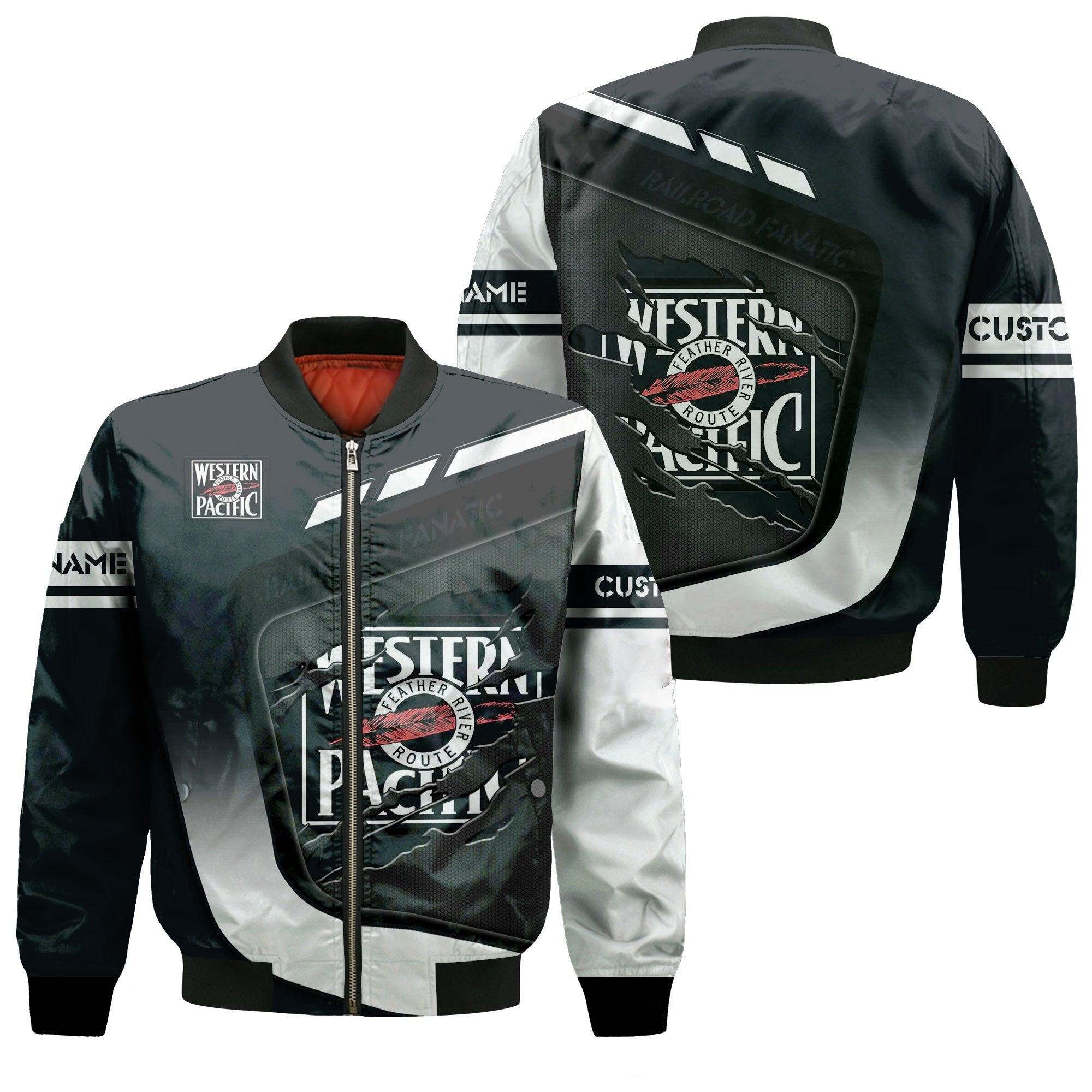 Railspirit Personalized Western Pacific Railroad Bomber Jacket Ripped Texture Style Train Jacket For Railroad Fanatic