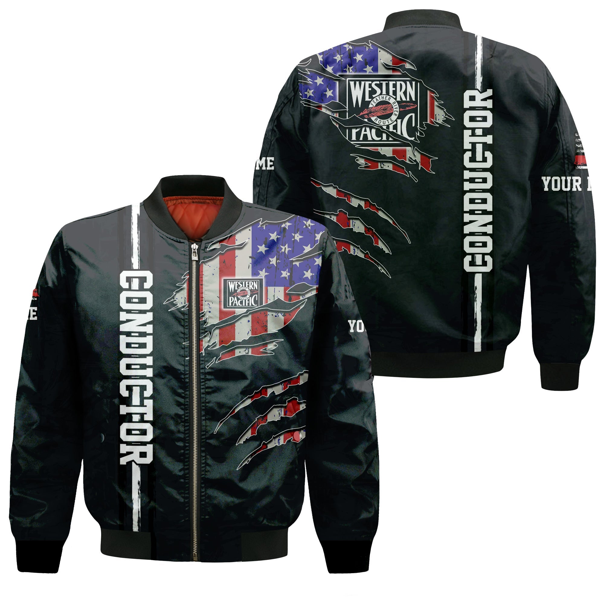 Railspirit Personalized Western Pacific Railroad Bomber Jacket USA Flag Claw Art with Custom Job Train Jacket