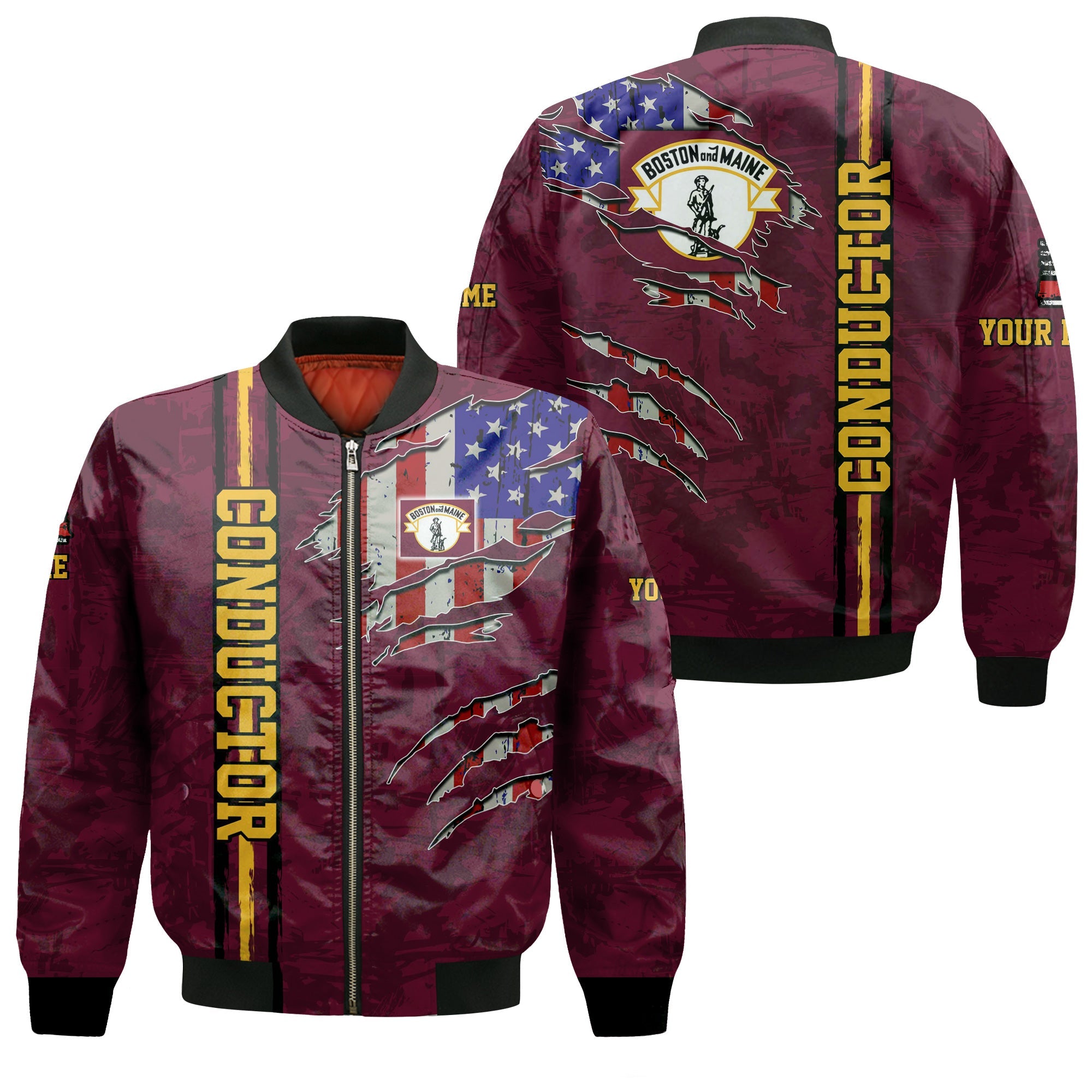 Railspirit Personalized Boston and Maine Railroad Bomber Jacket USA Flag Claw Art with Custom Job Train Jacket