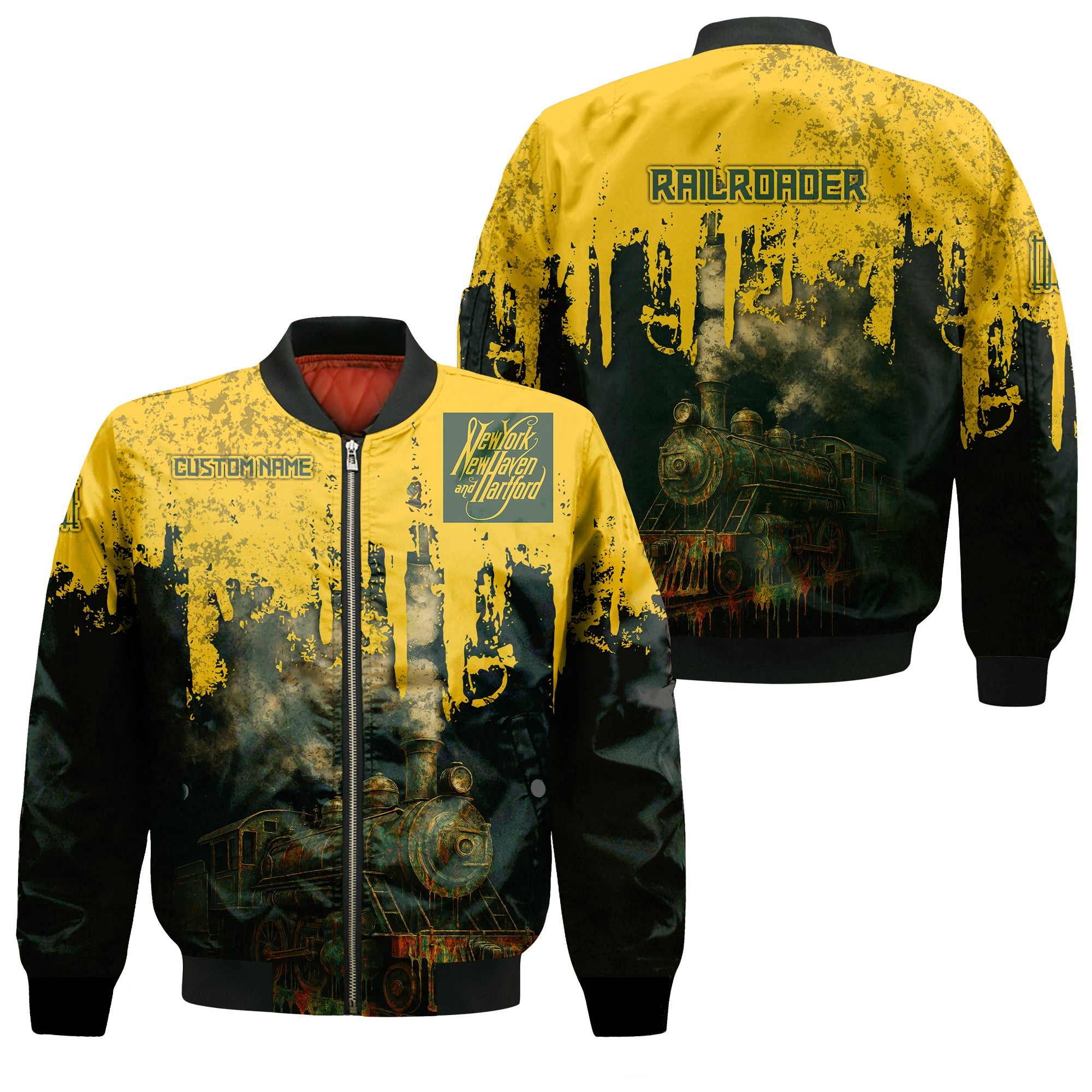 Railspirit Personalized New York, New Haven and Hartford Railroad Bomber Jacket Vintage Train Art Style New Haven Railroad Bomber For Locomotive Fans