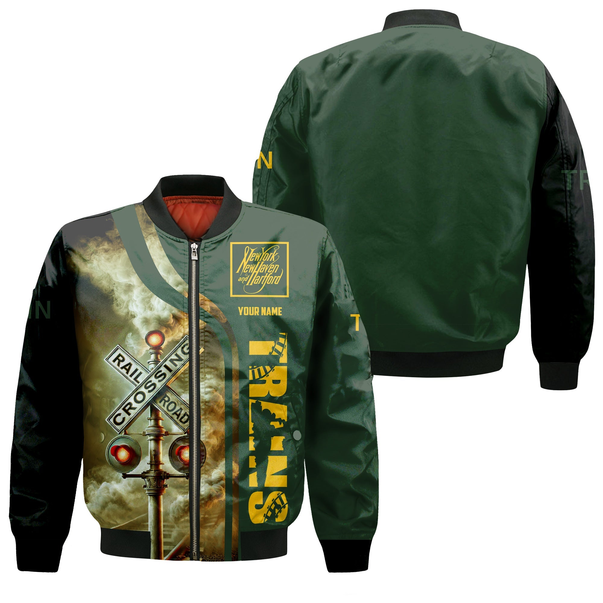 Railspirit Personalized New York, New Haven and Hartford Railroad Bomber Jacket Railroad Crossing Sign New Haven Railroad Train Bomber All Over Print