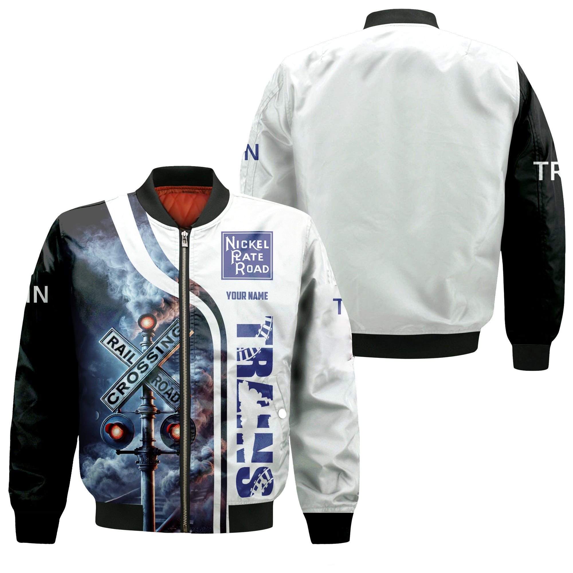 Railspirit Personalized New York, Chicago and St. Louis Railroad Bomber Jacket Railroad Crossing Sign Nickel Plate Road Train Bomber All Over Print