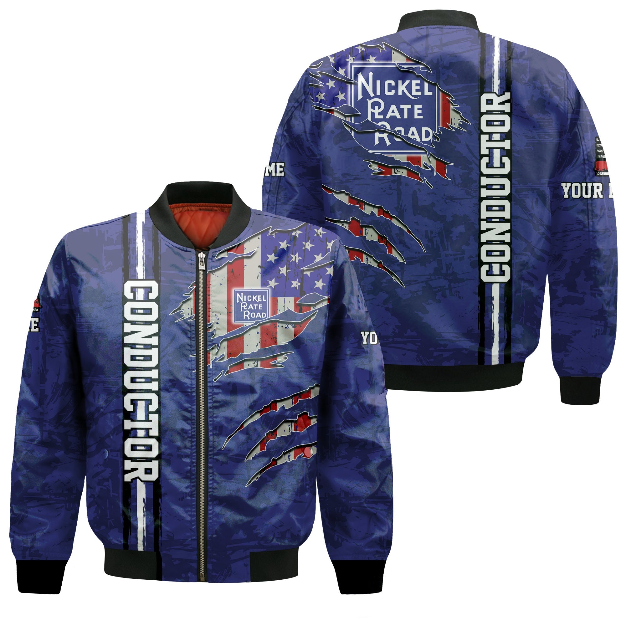 Railspirit Personalized New York, Chicago and St. Louis Railroad Bomber Jacket USA Flag Claw Art with Custom Job Nickel Plate Road Train Jacket