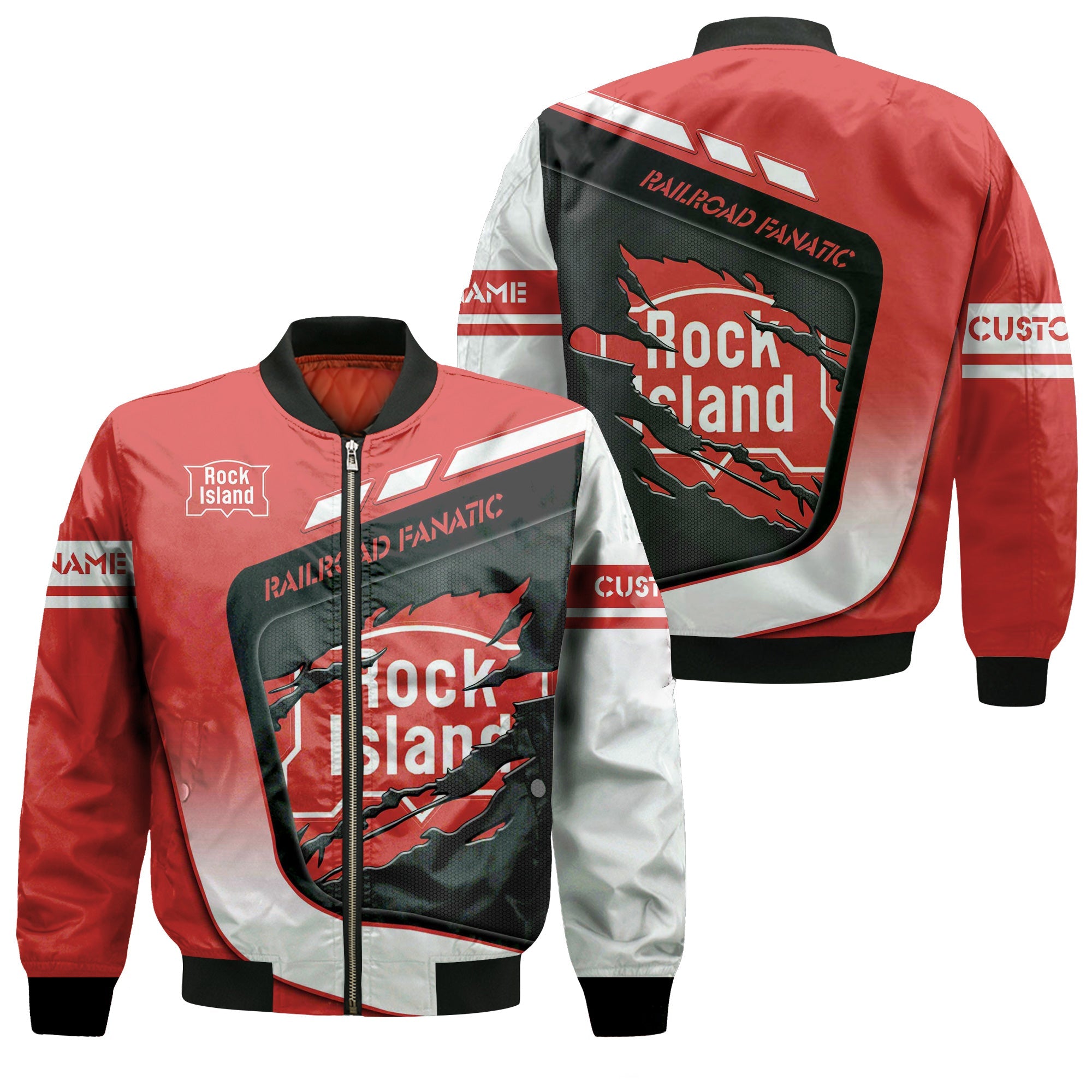Railspirit Personalized Chicago, Rock Island and Pacific Railroad Bomber Jacket Ripped Texture Style Rock Island Railroad Train Jacket
