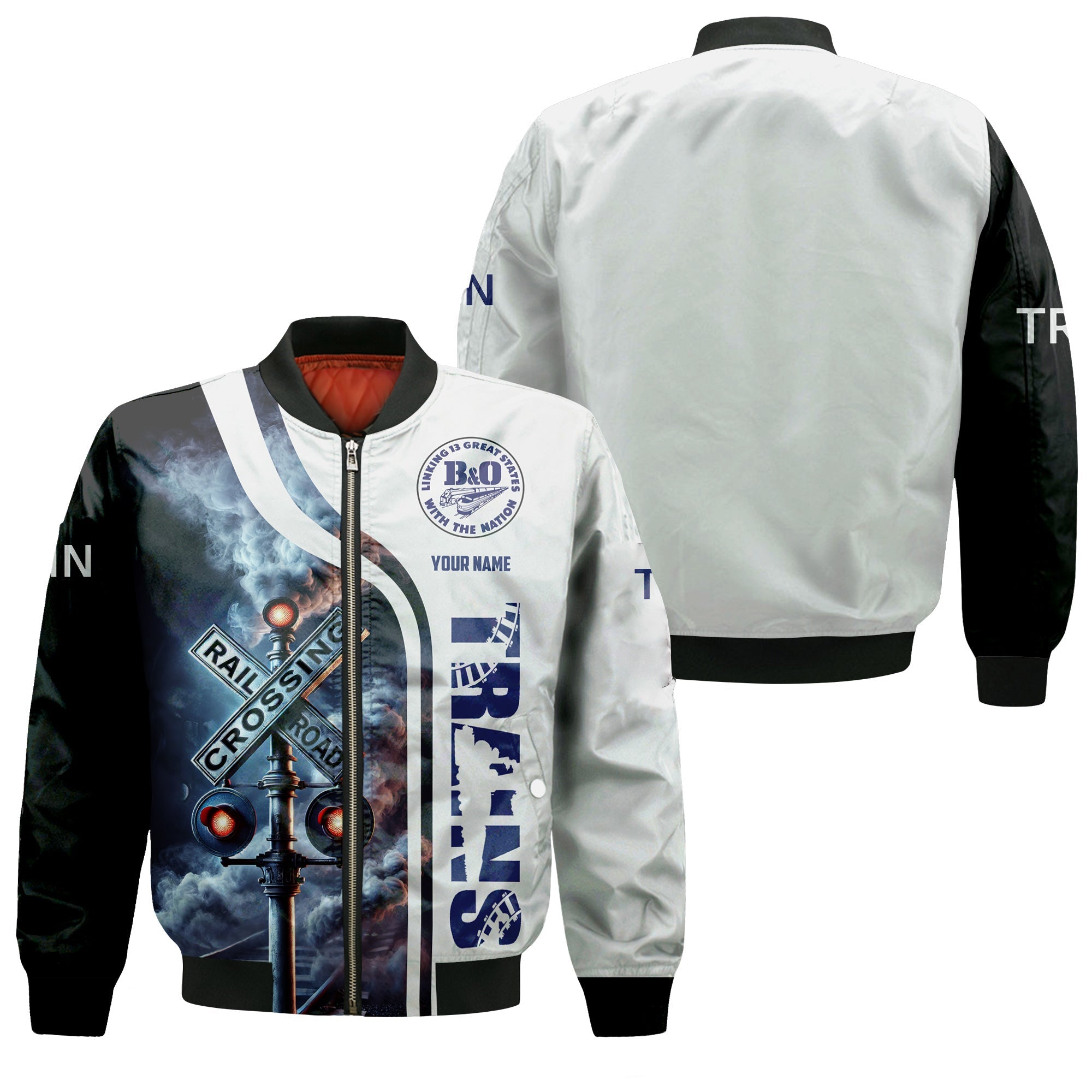 Railspirit Personalized B&O Great States Railroad Bomber Jacket Railroad Crossing Sign Train Bomber All Over Print