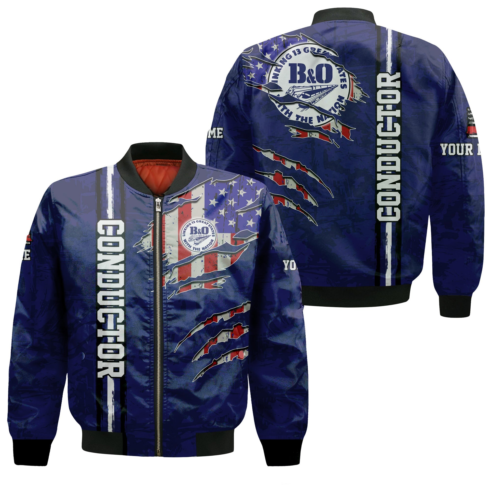 Railspirit Personalized B&O Great States Railroad Bomber Jacket USA Flag Claw Art with Custom Job Train Jacket