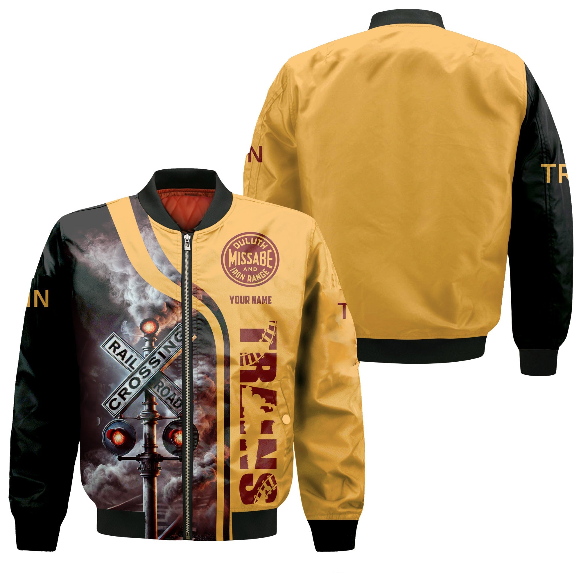 Railspirit Personalized Duluth, Missabe, & Iron Range Railroad Bomber Jacket Railroad Crossing Sign Train Bomber All Over Print