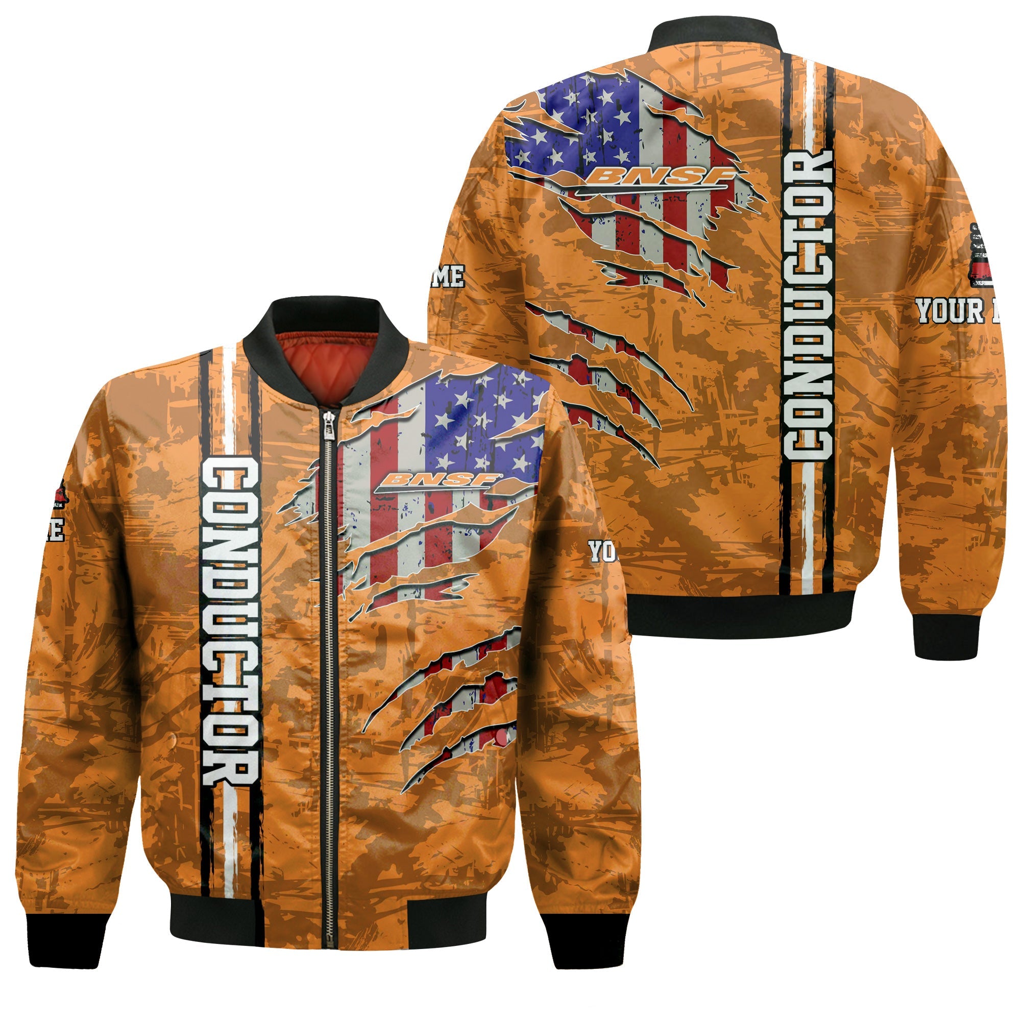 Railspirit Personalized BNSF Railway Bomber Jacket USA Flag Claw Art with Custom Job Train Jacket