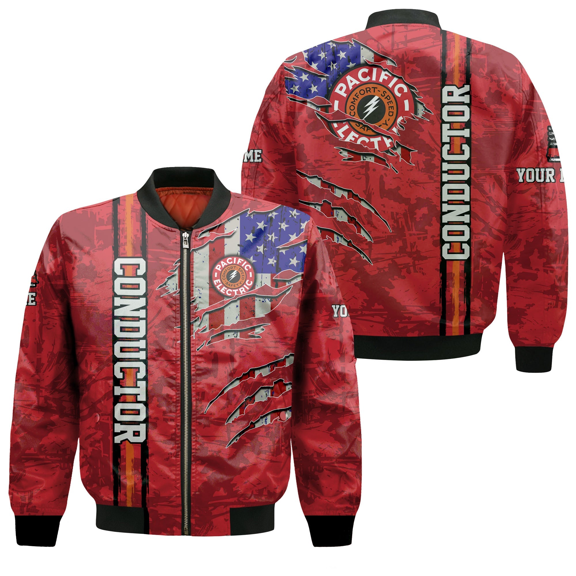 Railspirit Personalized Pacific Electric Railroad Bomber Jacket USA Flag Claw Art with Custom Job Train Jacket