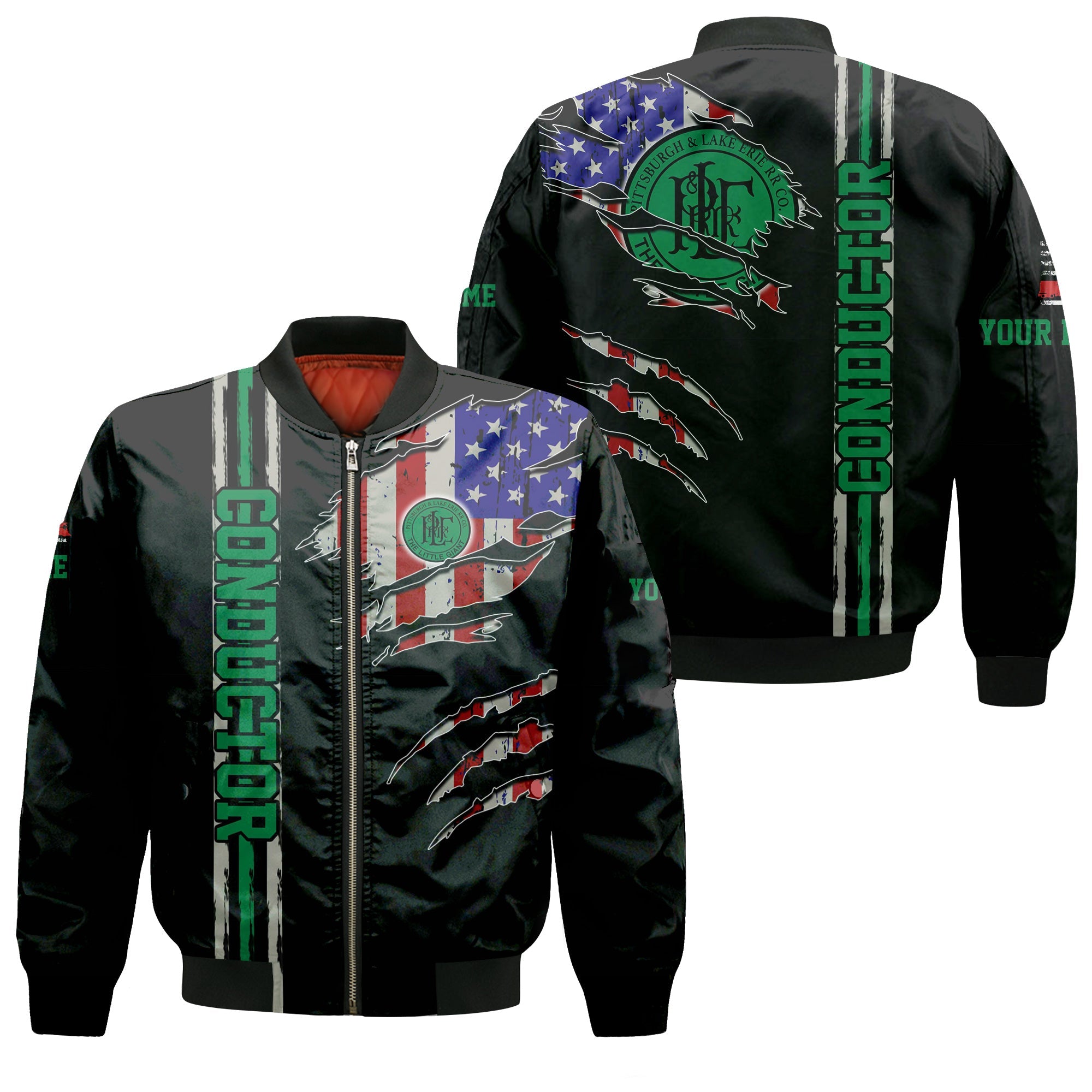 Railspirit Personalized Pittsburgh And Lake Erie Railroad Bomber Jacket USA Flag Claw Art with Custom Job Train Jacket
