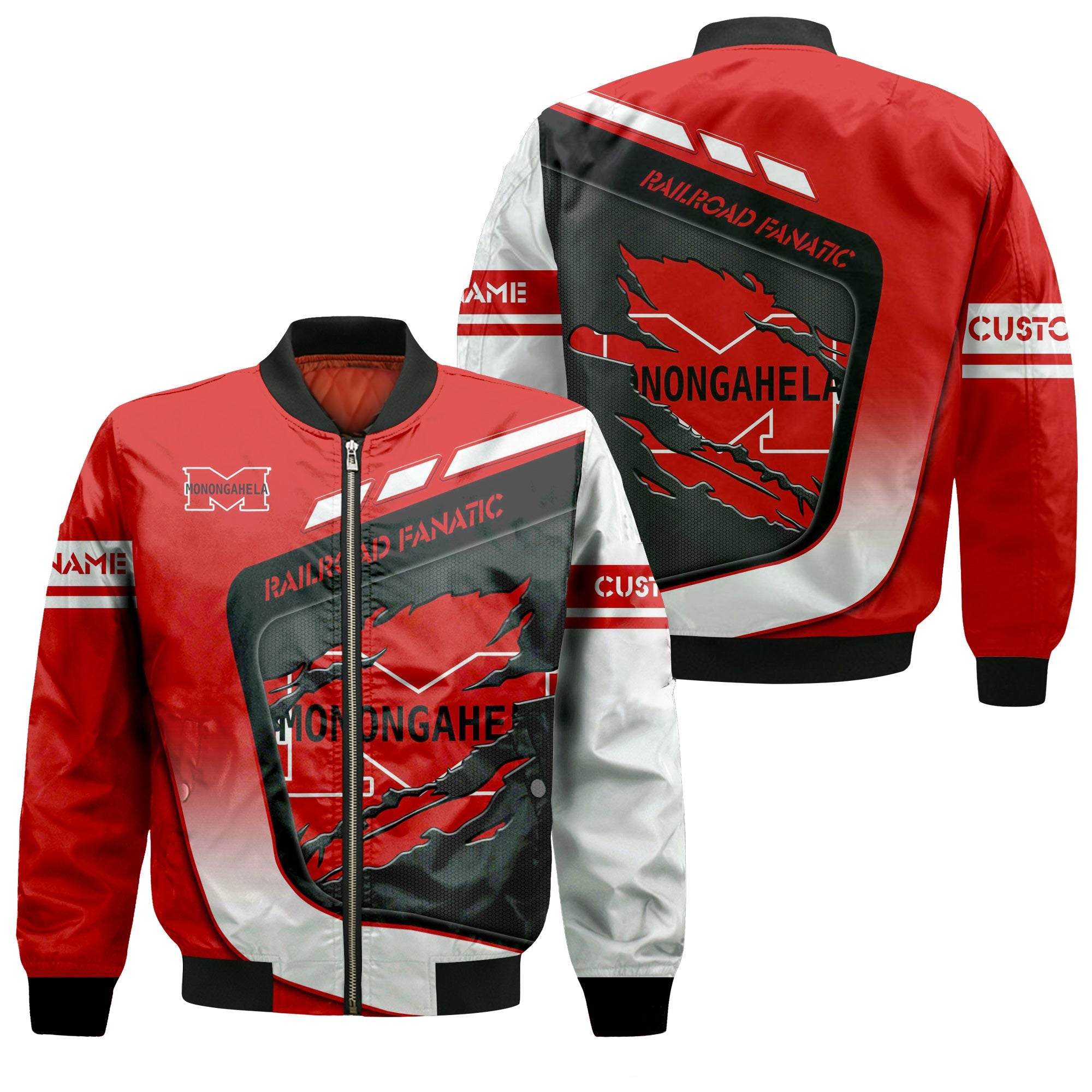 Railspirit Personalized Monongahela Railroad Bomber Jacket Ripped Texture Style Train Jacket For Railroad Fanatic