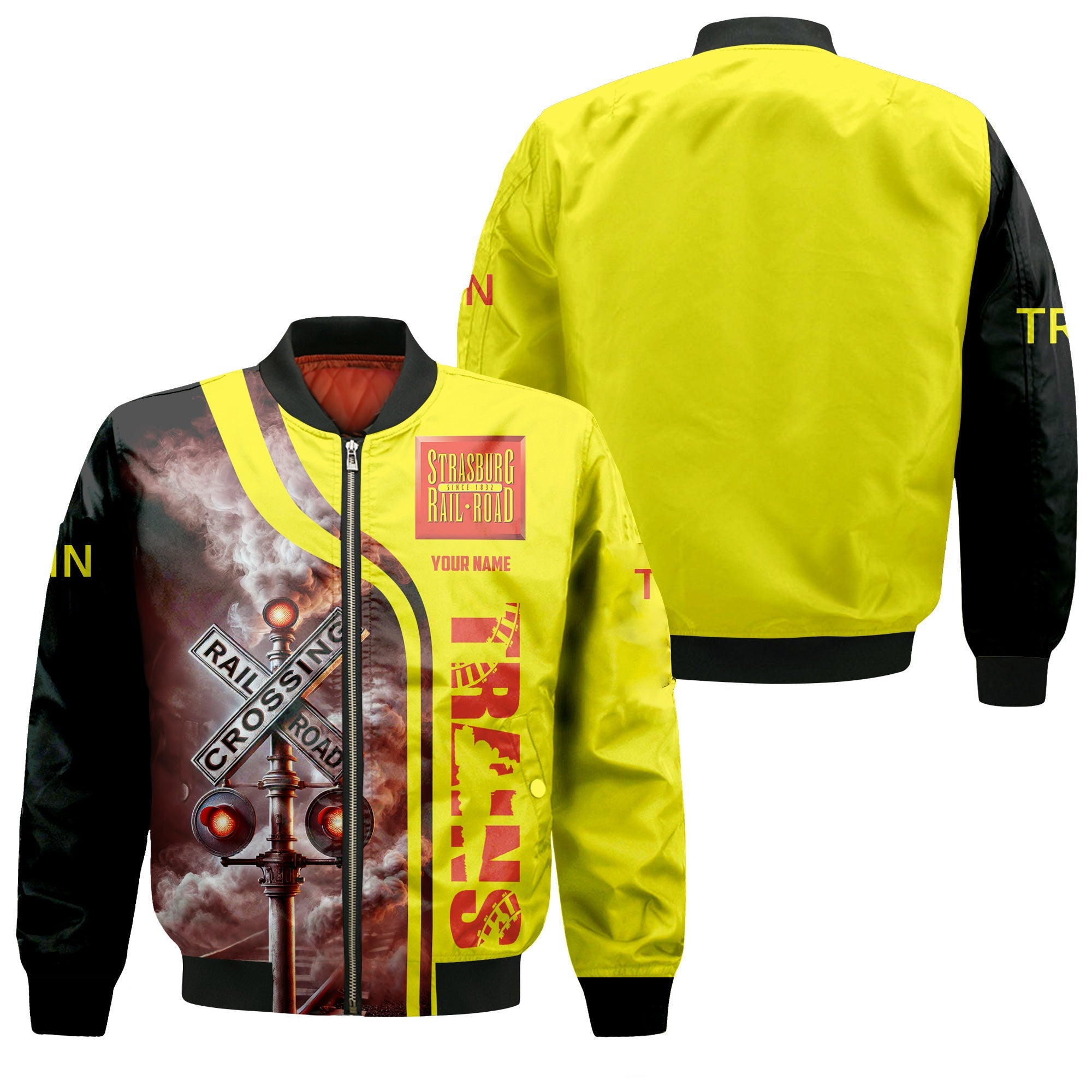 Railspirit Personalized Strasburg Railroad Bomber Jacket Railroad Crossing Sign Train Bomber All Over Print