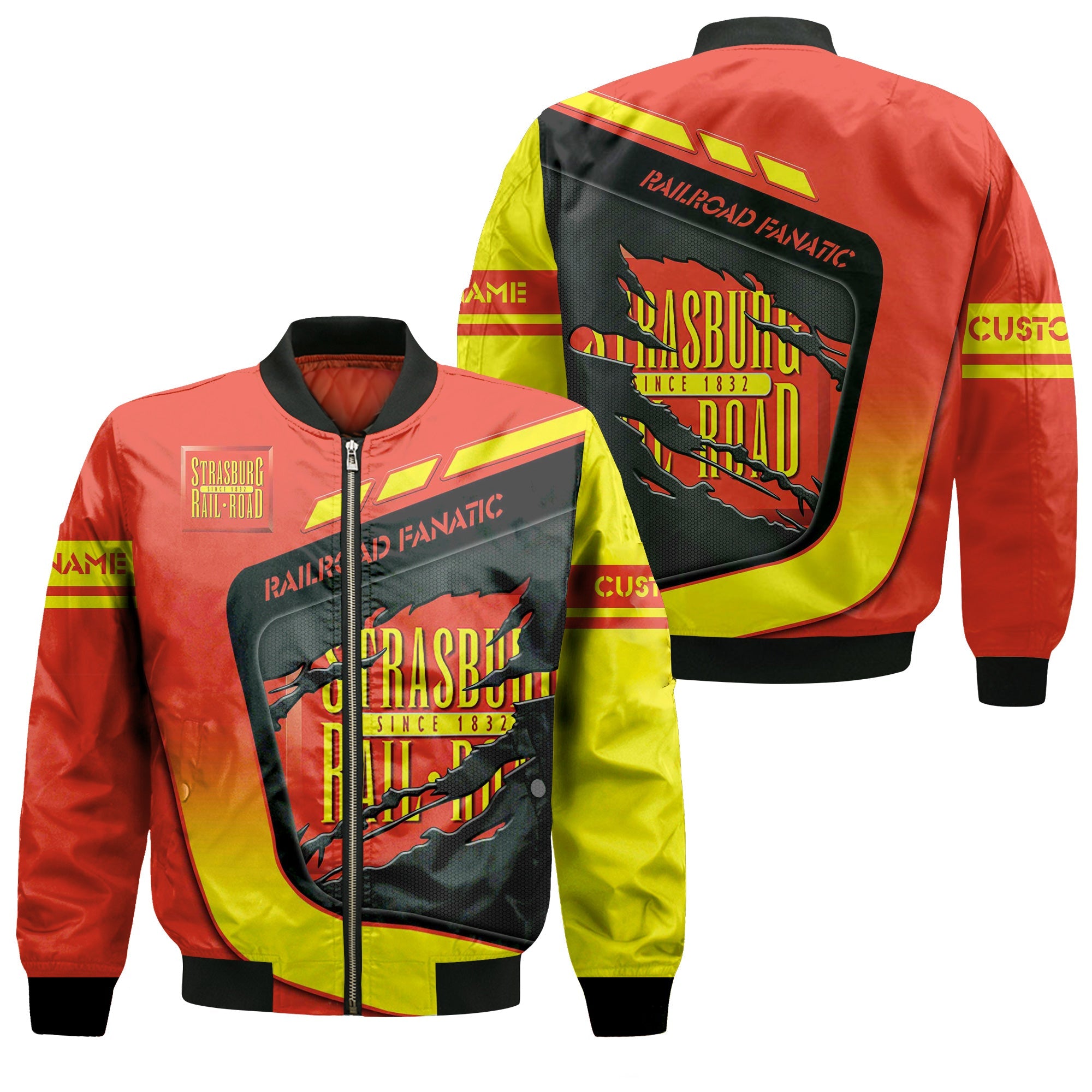 Railspirit Personalized Strasburg Railroad Bomber Jacket Ripped Texture Style Train Jacket For Railroad Fanatic