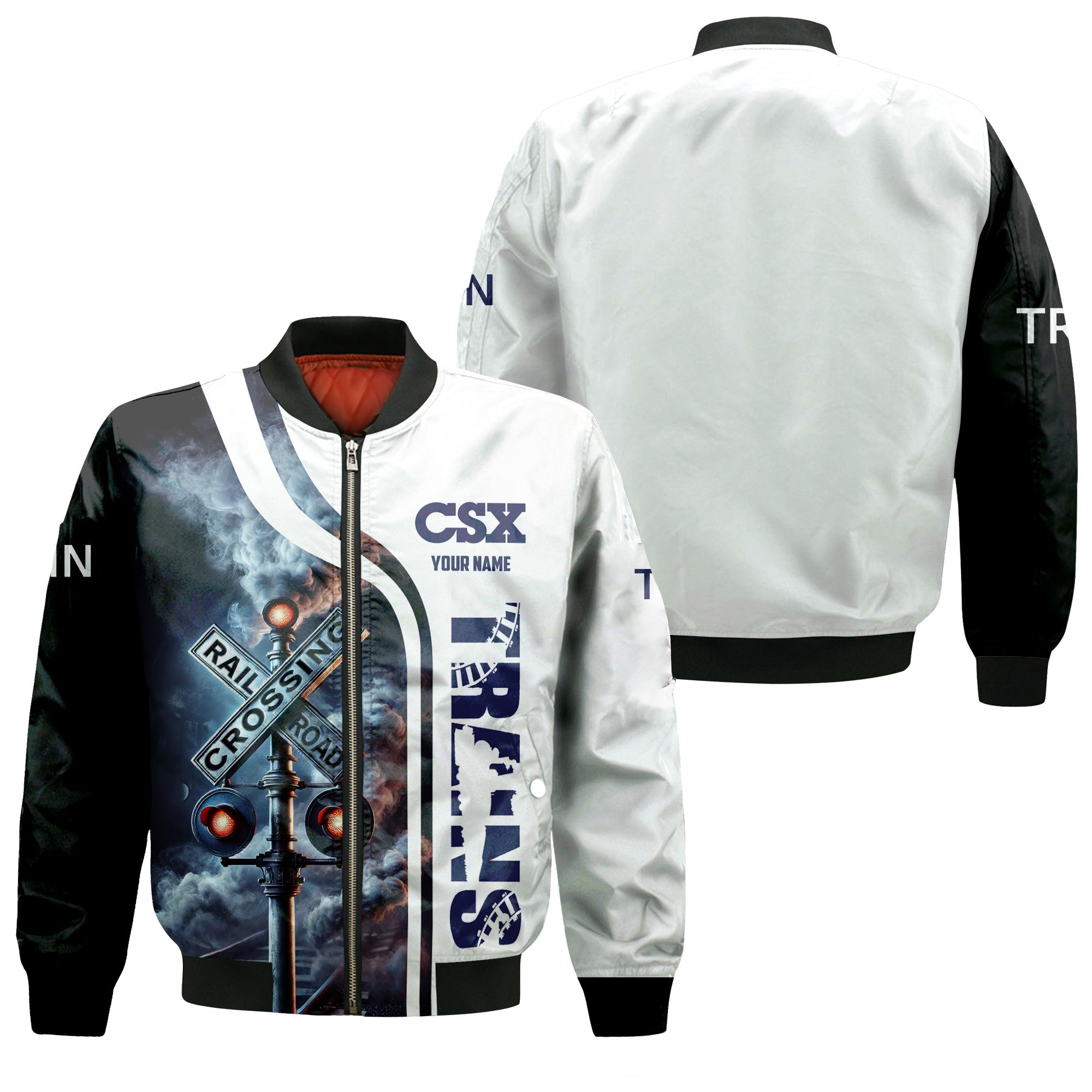 Railspirit Personalized CSX Transportation Railroad Bomber Jacket Railroad Crossing Sign Train Bomber All Over Print