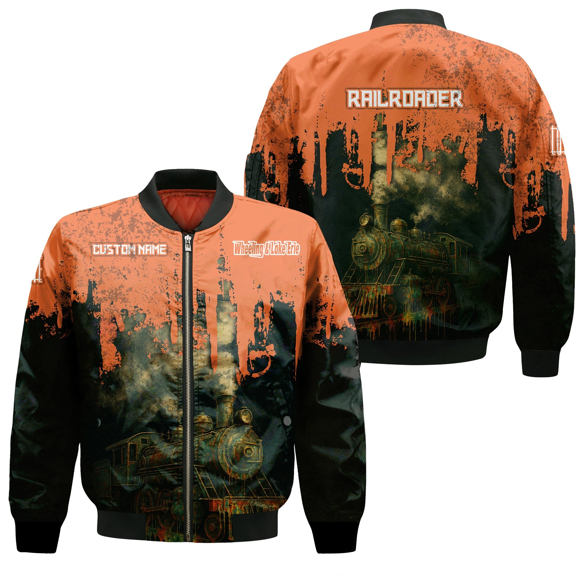 Railspirit Personalized Wheeling And Lake Erie Railroad Bomber Jacket Vintage Train Art Style Bomber For Locomotive Fans