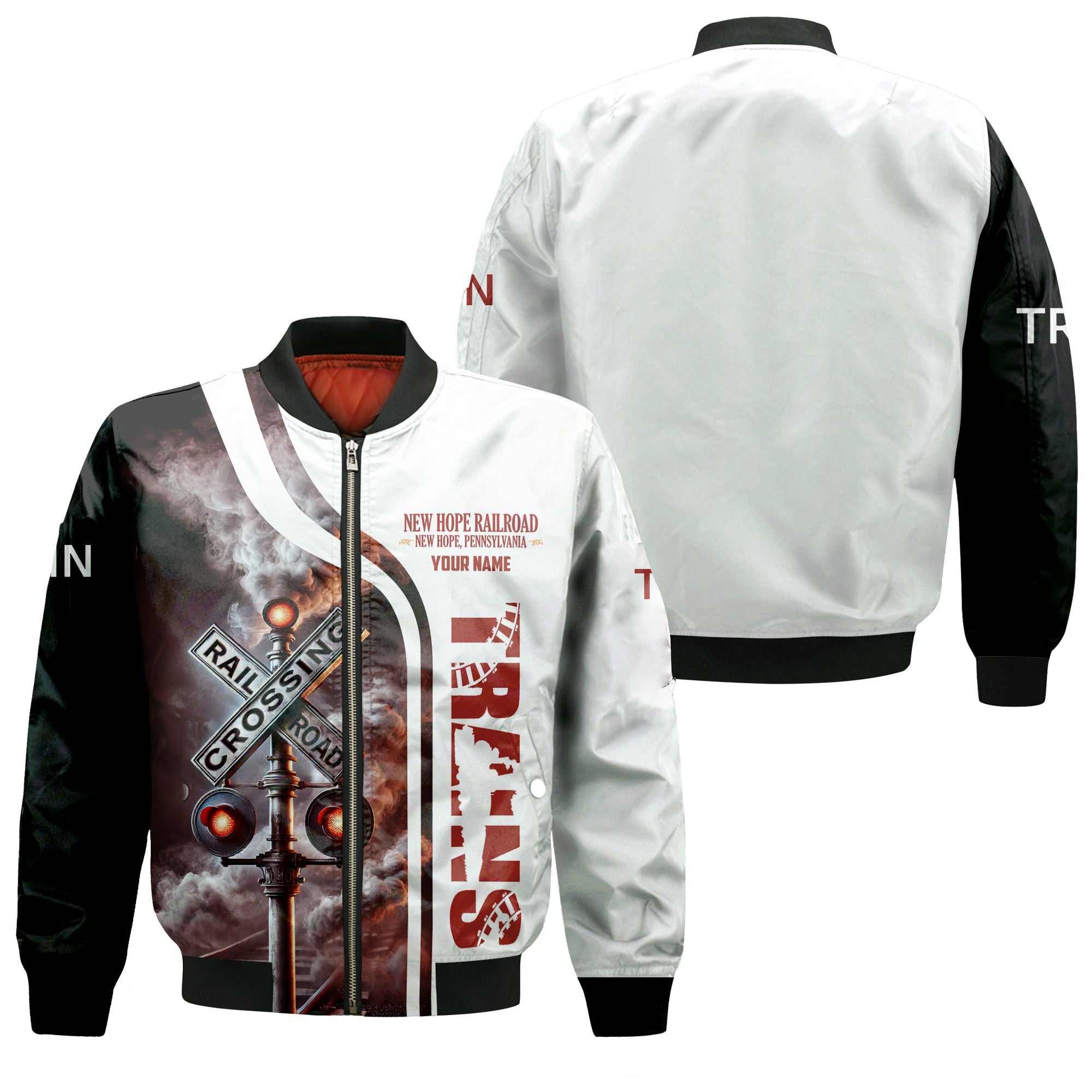 Railspirit Personalized New Hope Railroad Bomber Jacket Railroad Crossing Sign Train Bomber All Over Print