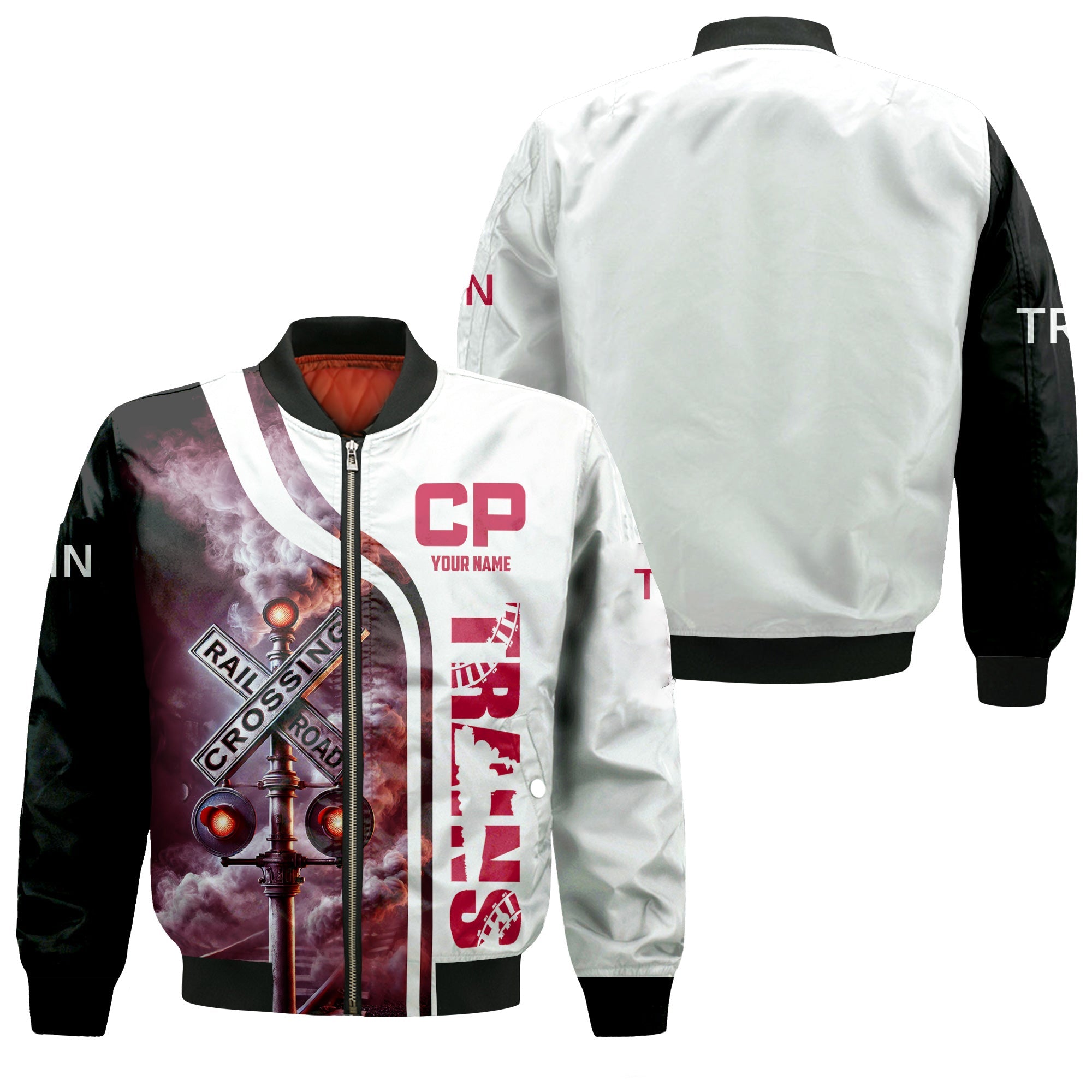 Railspirit Personalized Canadian Pacific Railroad Bomber Jacket Railroad Crossing Sign Train Bomber All Over Print