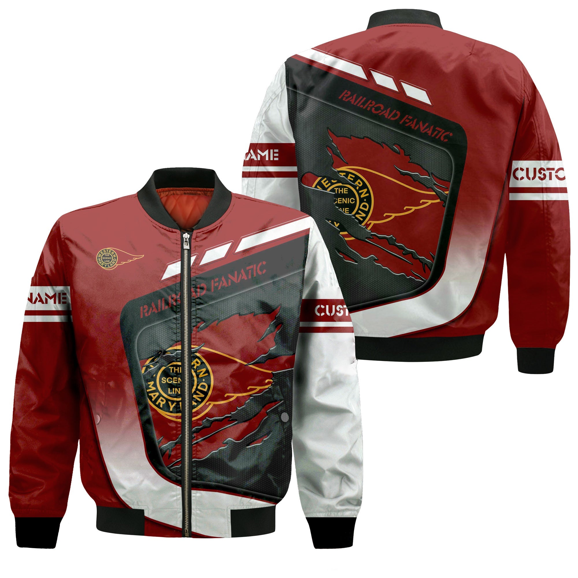 Railspirit Personalized Western Maryland Railway Bomber Jacket Ripped Texture Style Train Jacket For Railroad Fanatic