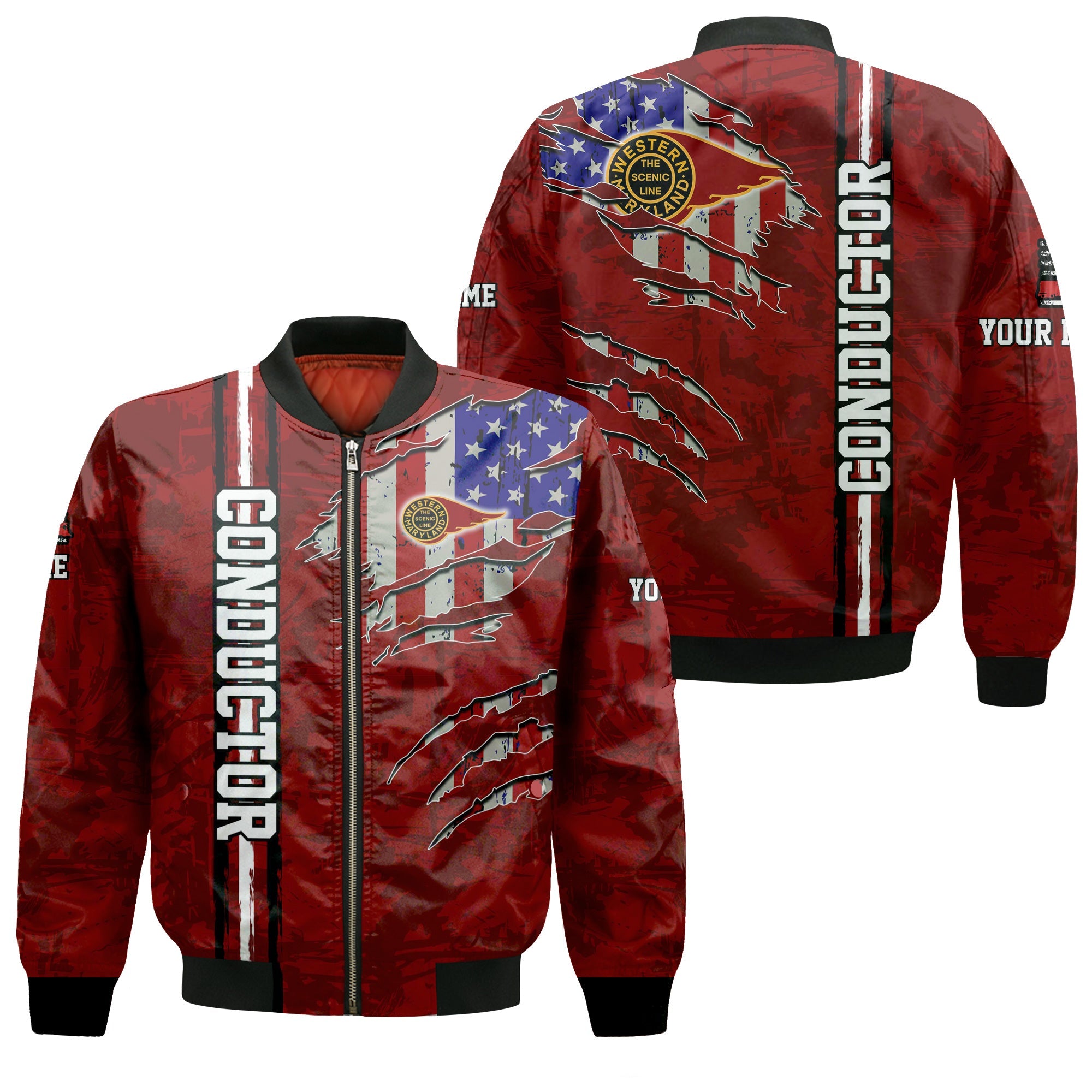 Railspirit Personalized Western Maryland Railway Bomber Jacket USA Flag Claw Art with Custom Job Train Jacket