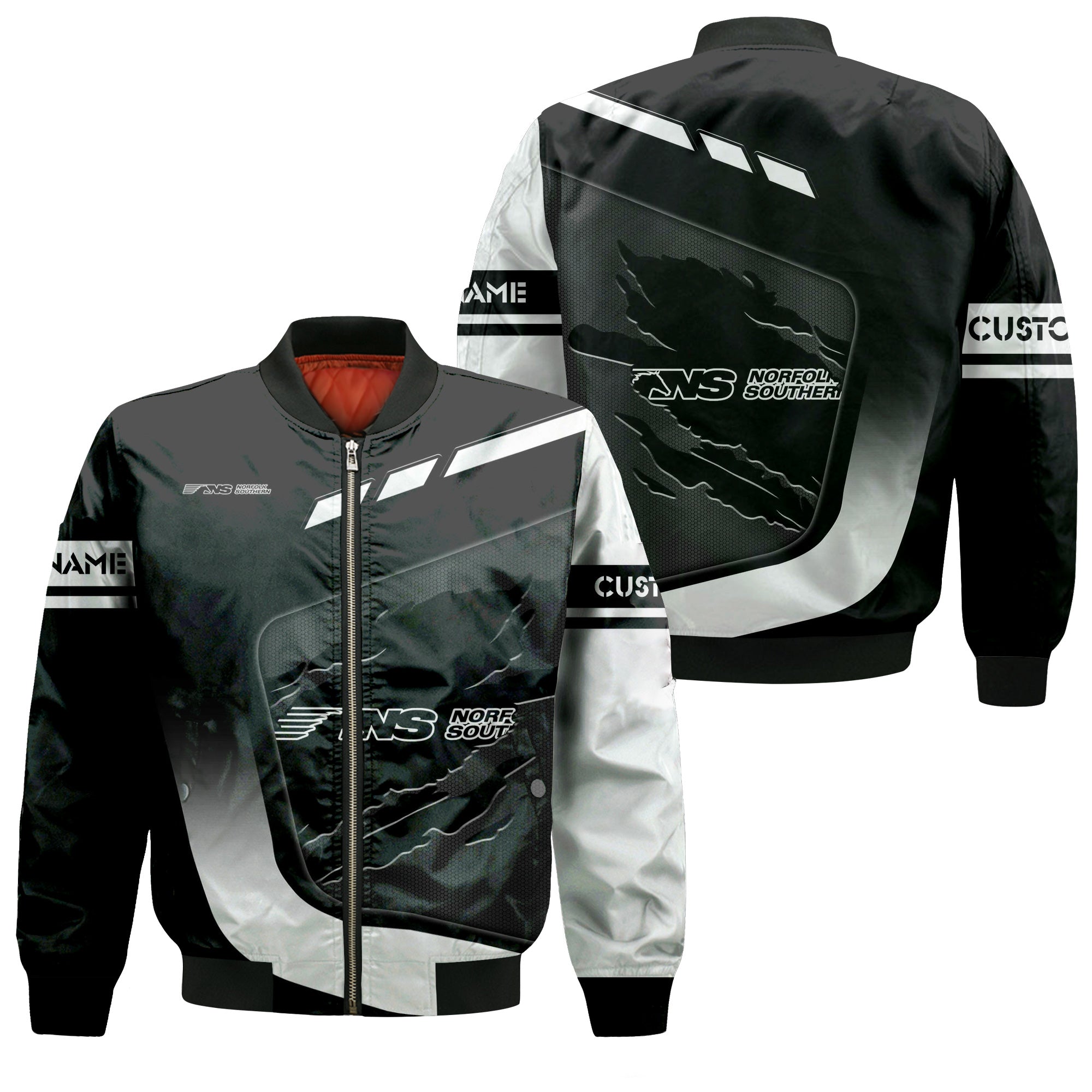 Railspirit Personalized Norfolk Southern Railway Bomber Jacket Ripped Texture Style Train Jacket For Railroad Fanatic