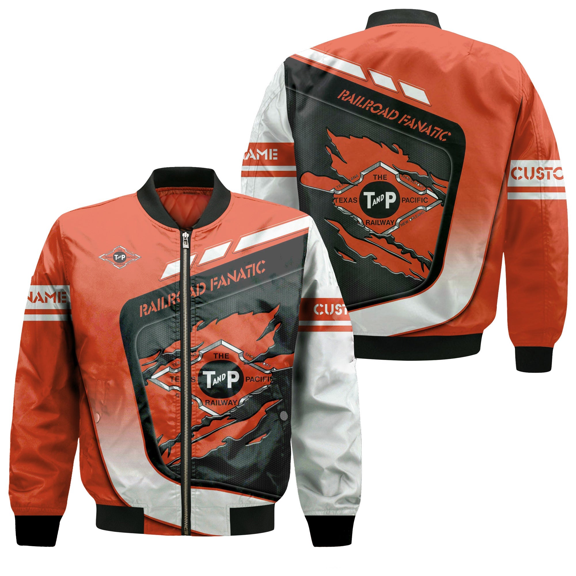 Railspirit Personalized Texas and Pacific Railway Bomber Jacket Ripped Texture Style Train Jacket For Railroad Fanatic