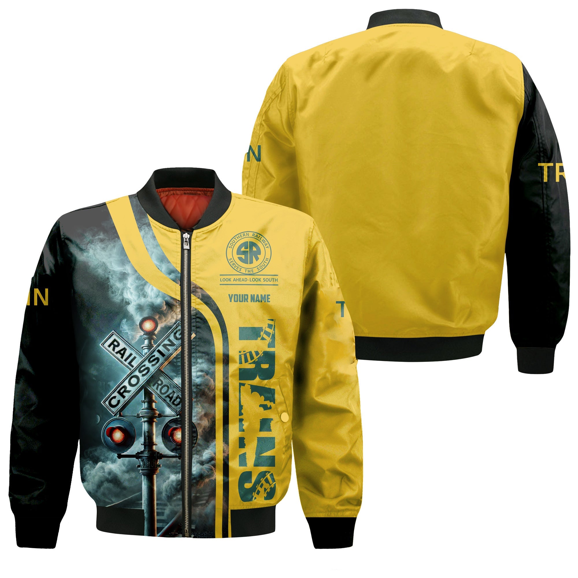 Railspirit Personalized Southern Railway U.S Bomber Jacket Railroad Crossing Sign SOU Train Bomber All Over Print