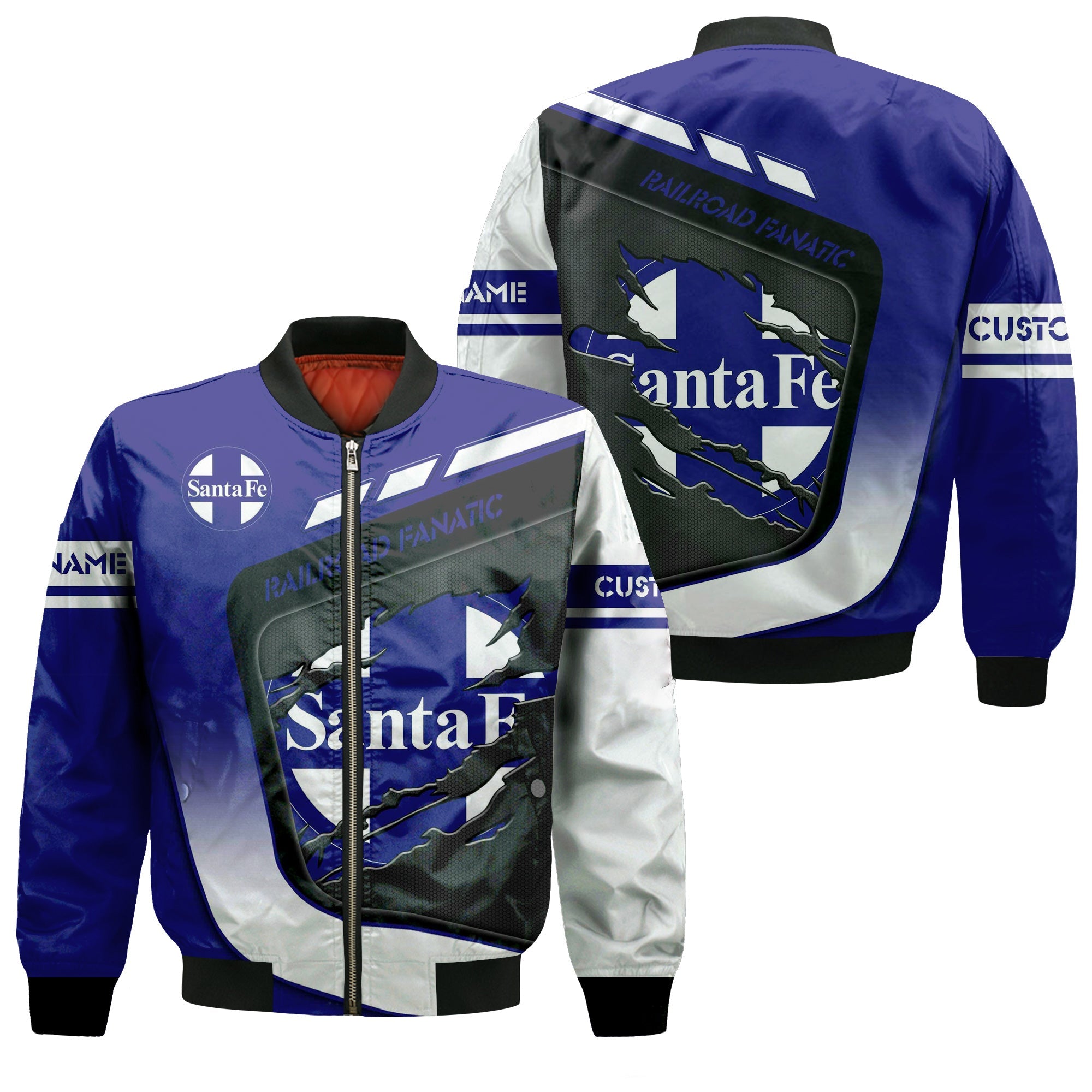 Railspirit Personalized Santa Fe ATSF Railway Bomber Jacket Ripped Texture Style Atchison, Topeka and Santa Fe Train Jacket For Railroad Fanatic