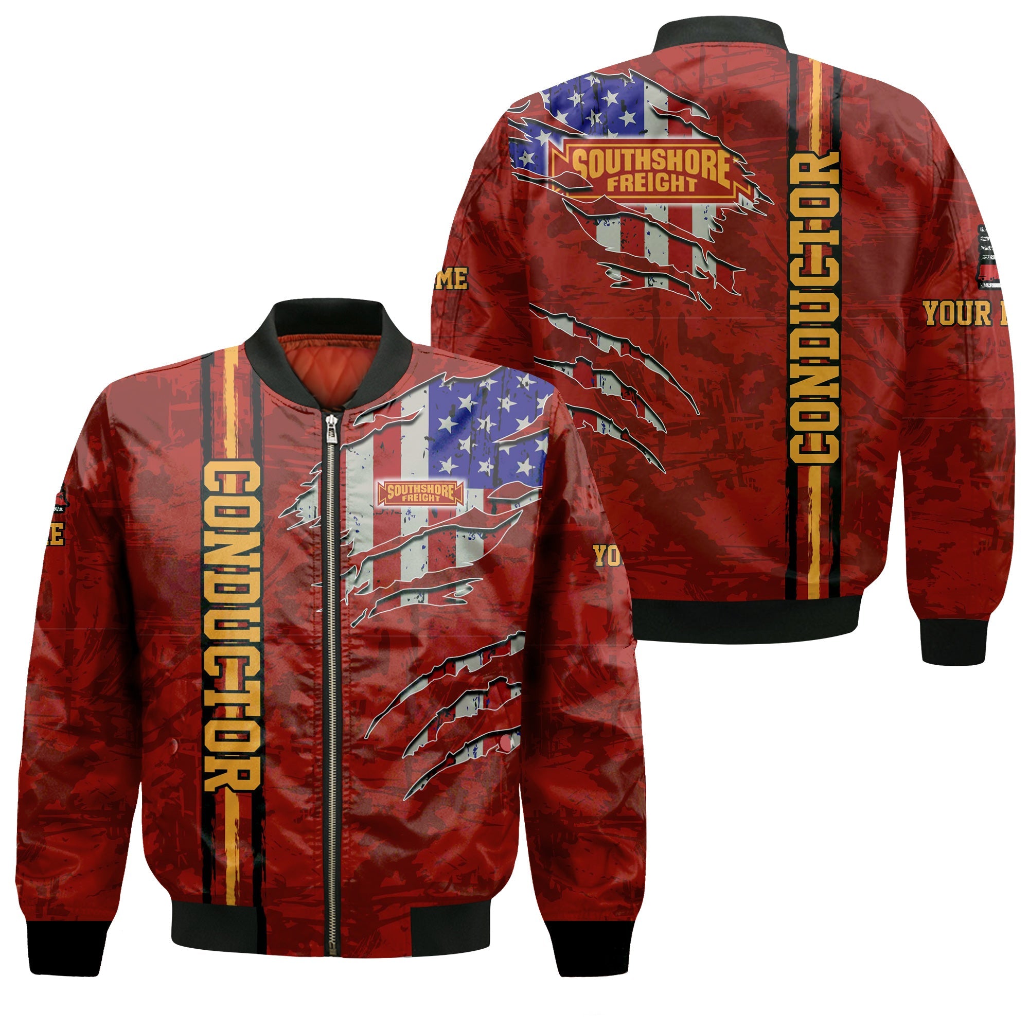 Railspirit Personalized Chicago South Shore and South Bend Railroad Bomber Jacket USA Flag Claw Art with Custom Job Train Jacket