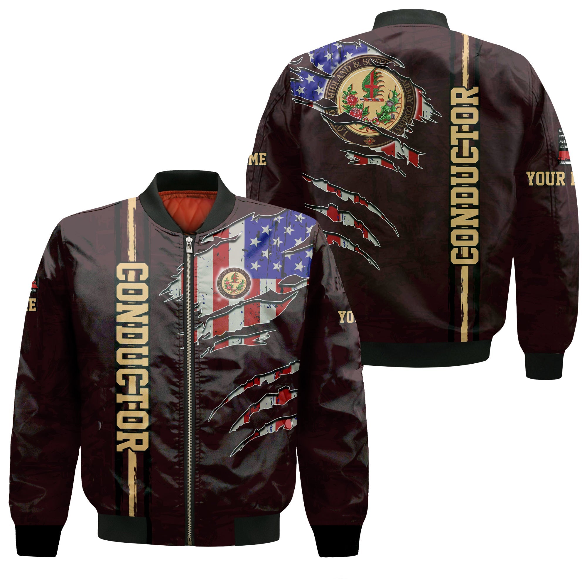 Railspirit Personalized London, Midland and Scottish Railway Bomber Jacket USA Flag Claw Art with Custom Job Train Jacket