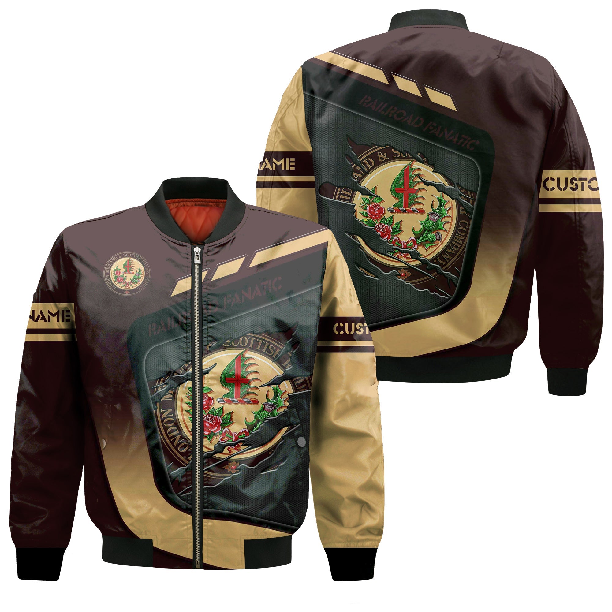 Railspirit Personalized London, Midland and Scottish Railway Bomber Jacket Ripped Texture Style Train Jacket For Railroad Fanatic