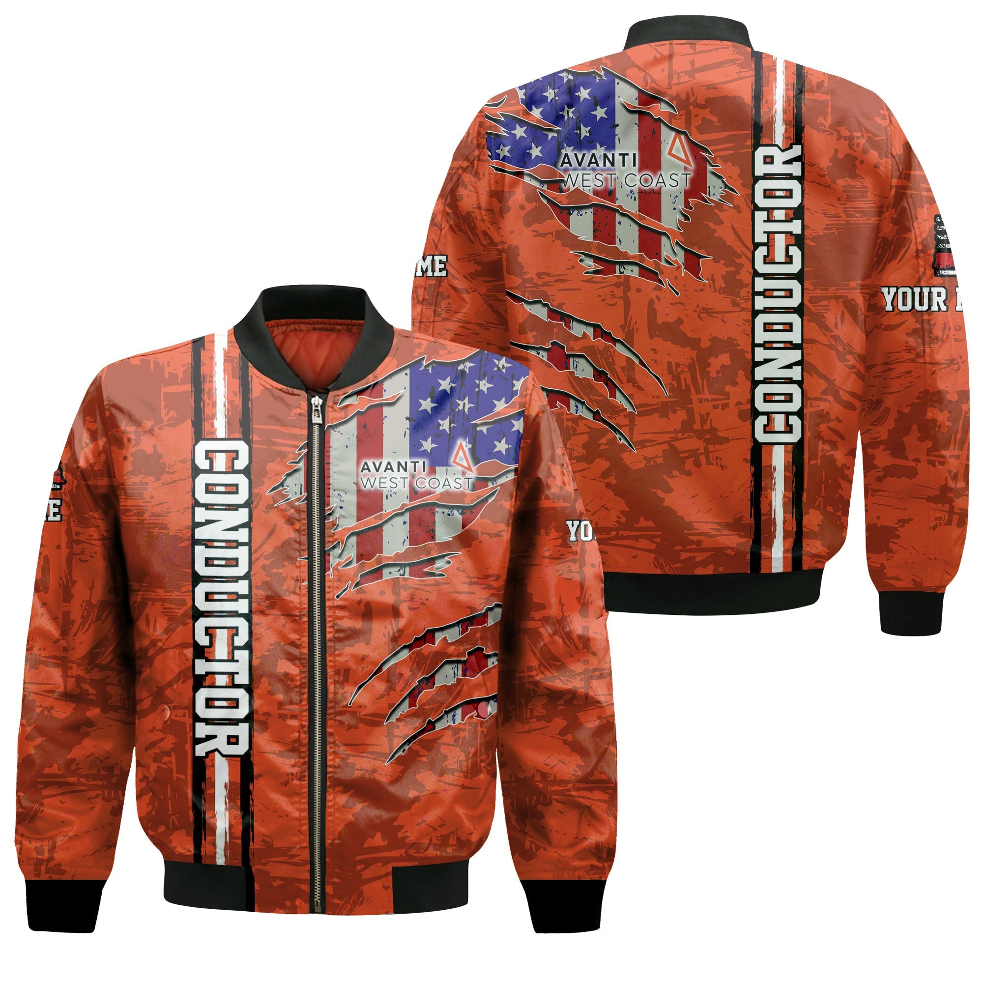 Railspirit Personalized Avanti West Coast Bomber Jacket USA Flag Claw Art with Custom Job Train Jacket