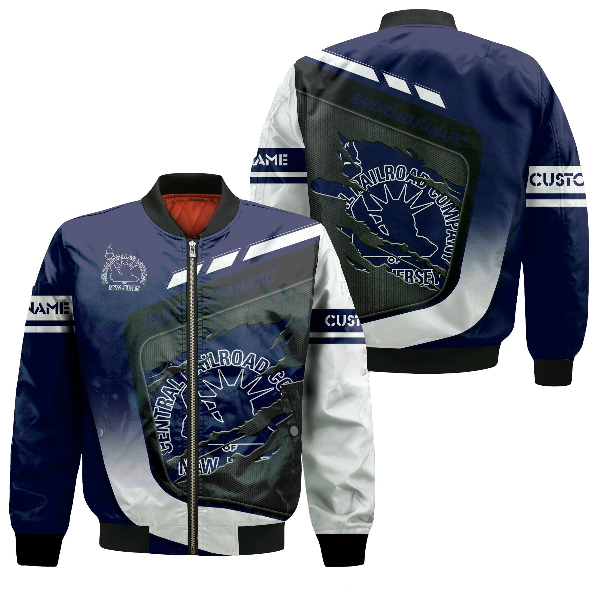 Railspirit Personalized Jersey Central Railroad Bomber Jacket Ripped Texture Style CNJ Train Jacket For Railroad Fanatic
