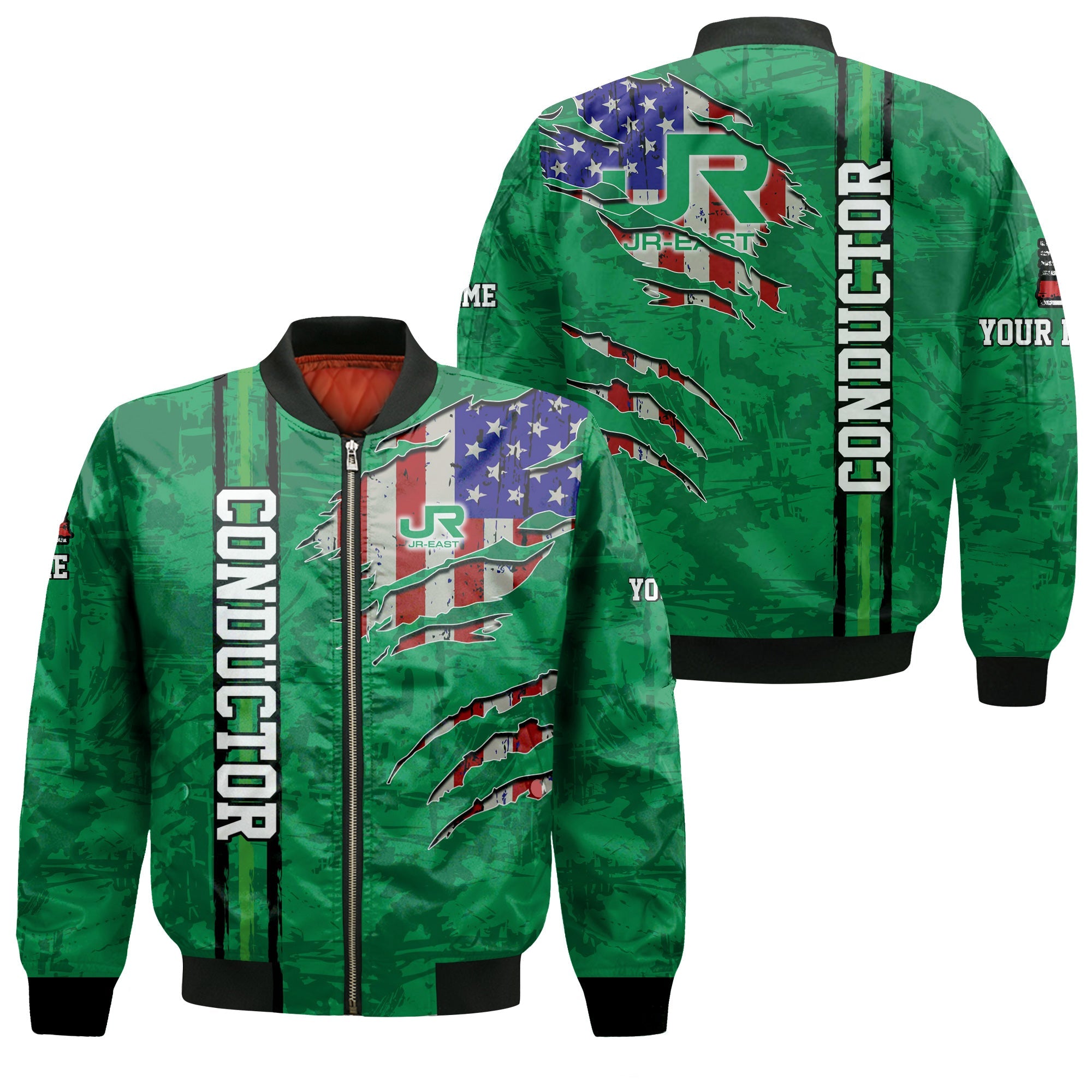 Railspirit Personalized East Japan Railway Bomber Jacket USA Flag Claw Art with Custom Job JR-EAST Train Jacket