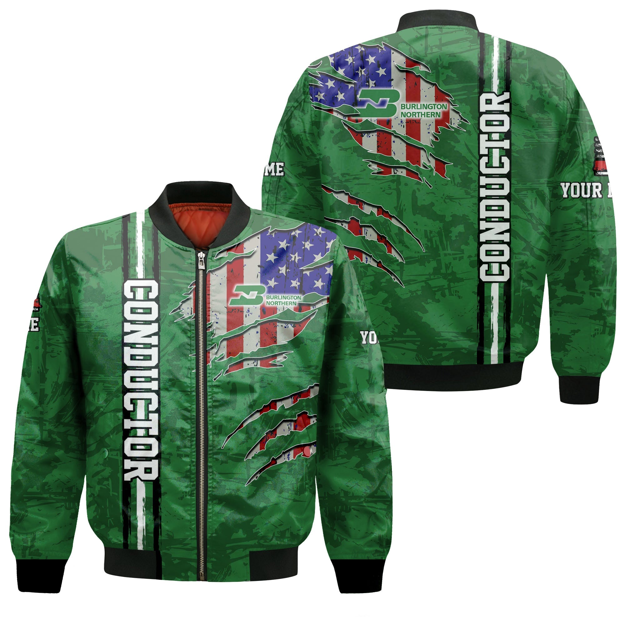 Railspirit Personalized Burlington Northern Railroad Bomber Jacket USA Flag Claw Art with Custom Job Train Jacket
