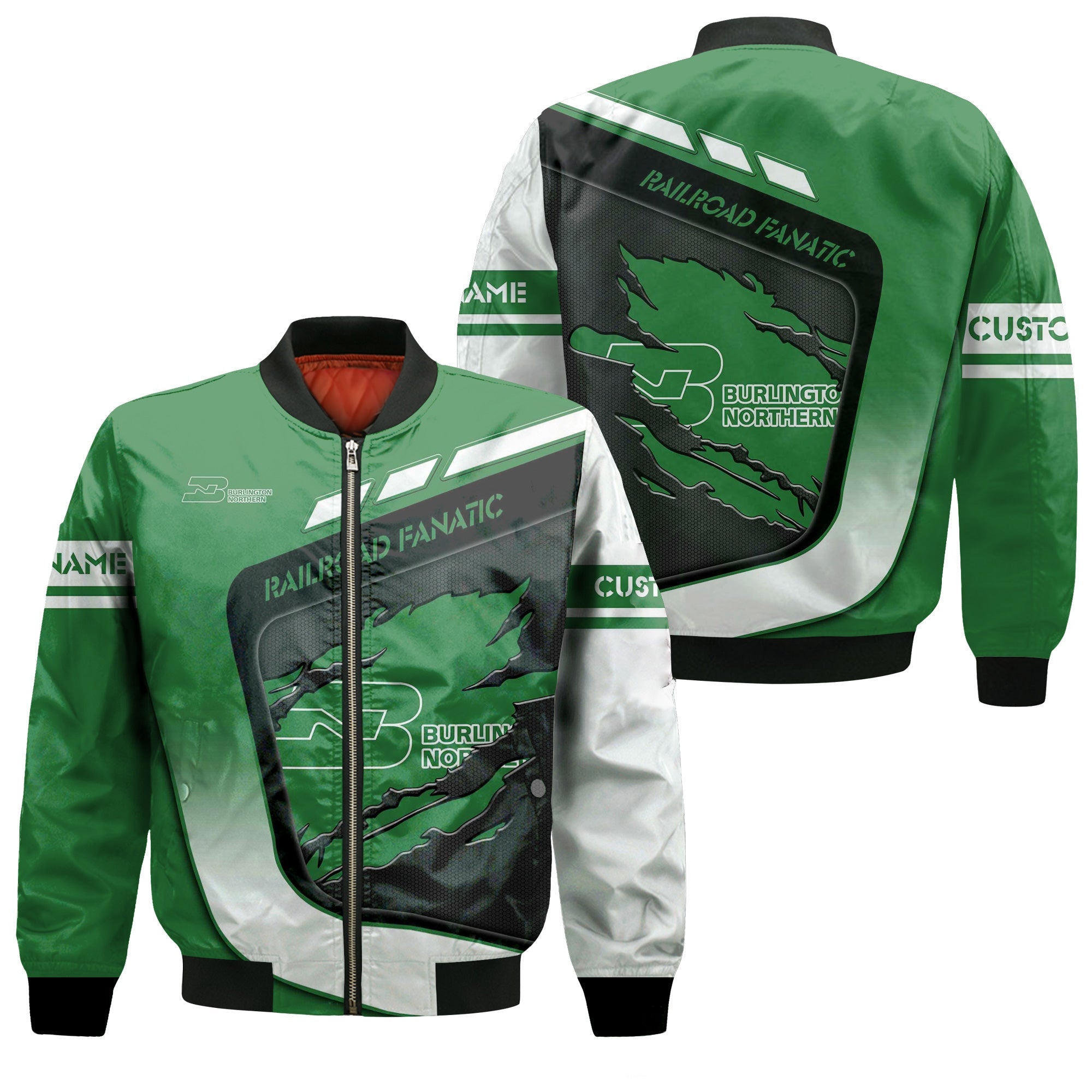 Railspirit Personalized Burlington Northern Railroad Bomber Jacket Ripped Texture Style Train Jacket For Railroad Fanatic