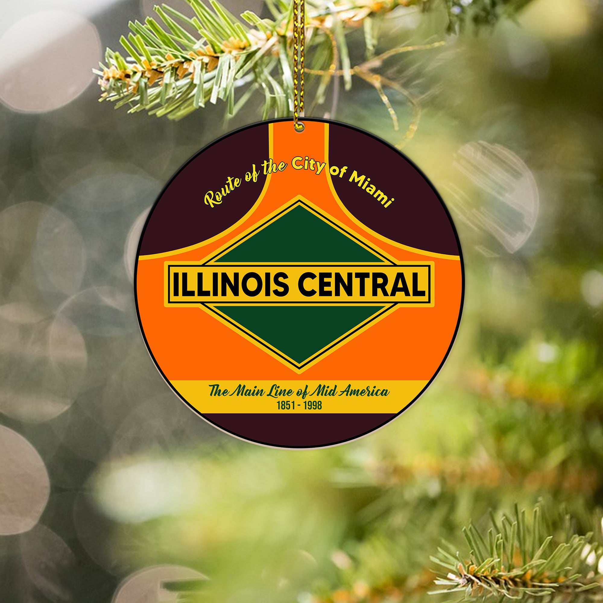 Illinois Central Railroad Ornament, Vintage Train Logo Round Christmas Decoration, Retro Railway Gift for Enthusiasts
