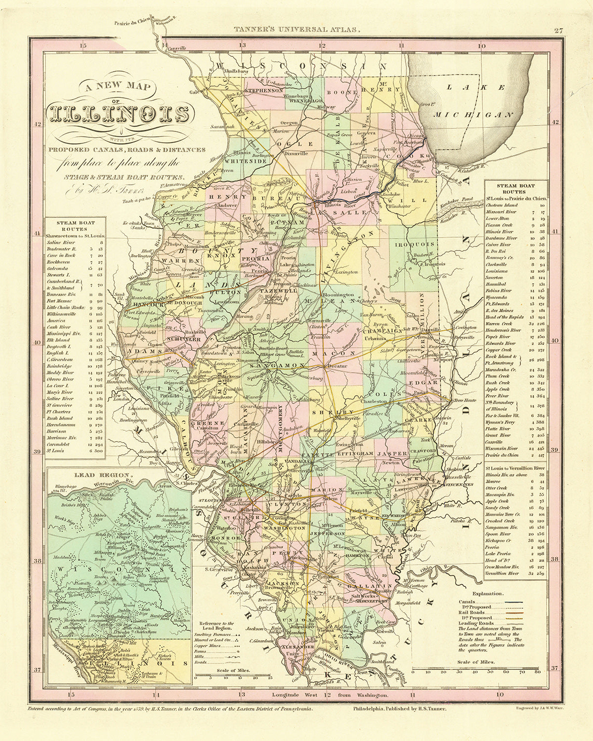 Old Map of Illinois by H. S. Tanner, 1836: Chicago, Aurora, Rockford, Joliet, Naperville, Roads, Railway, Canals