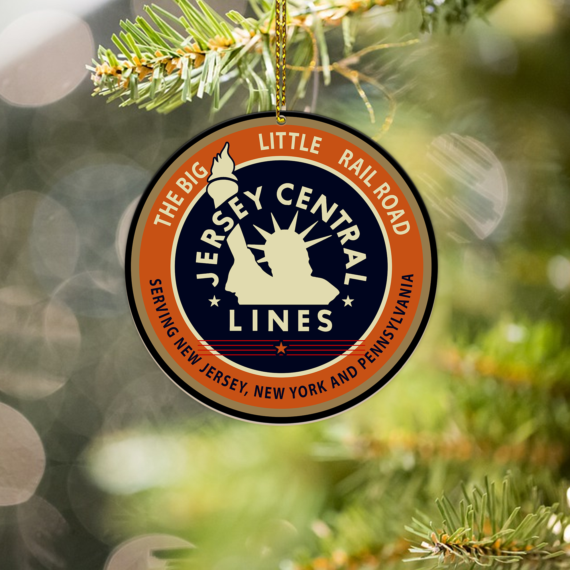 Jersey Central Railroad Ornament, Vintage Train Logo Round Christmas Tree Decoration for Railway Enthusiasts