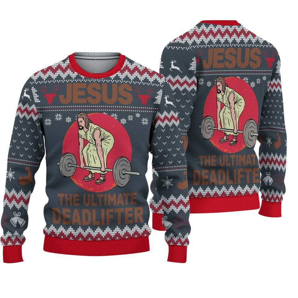 Jesus The Ultimate Deadlifter Merry Christmas Ugly 3D Sweater, Ugly Christmas Sweater Ideas, Jumper, For Men And Women