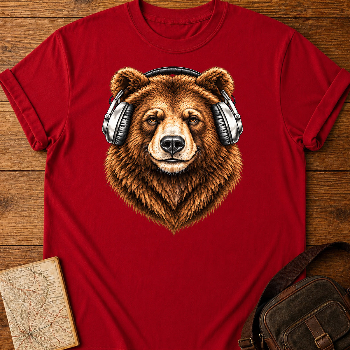 Brown Bear Wearing Headphones On Train T-shirt