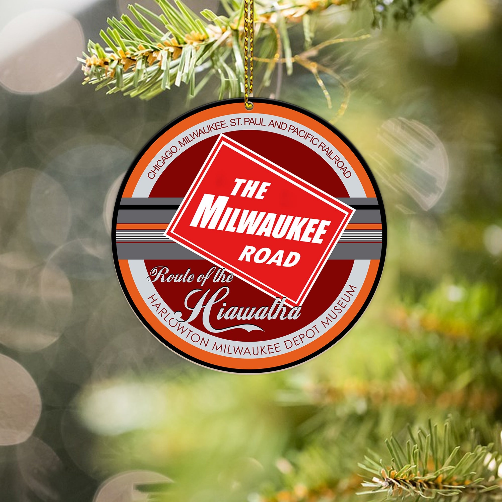 Chicago Milwaukee St. Paul and Pacific Railroad Ornament, Vintage Train Logo Round Christmas Decoration for Fans